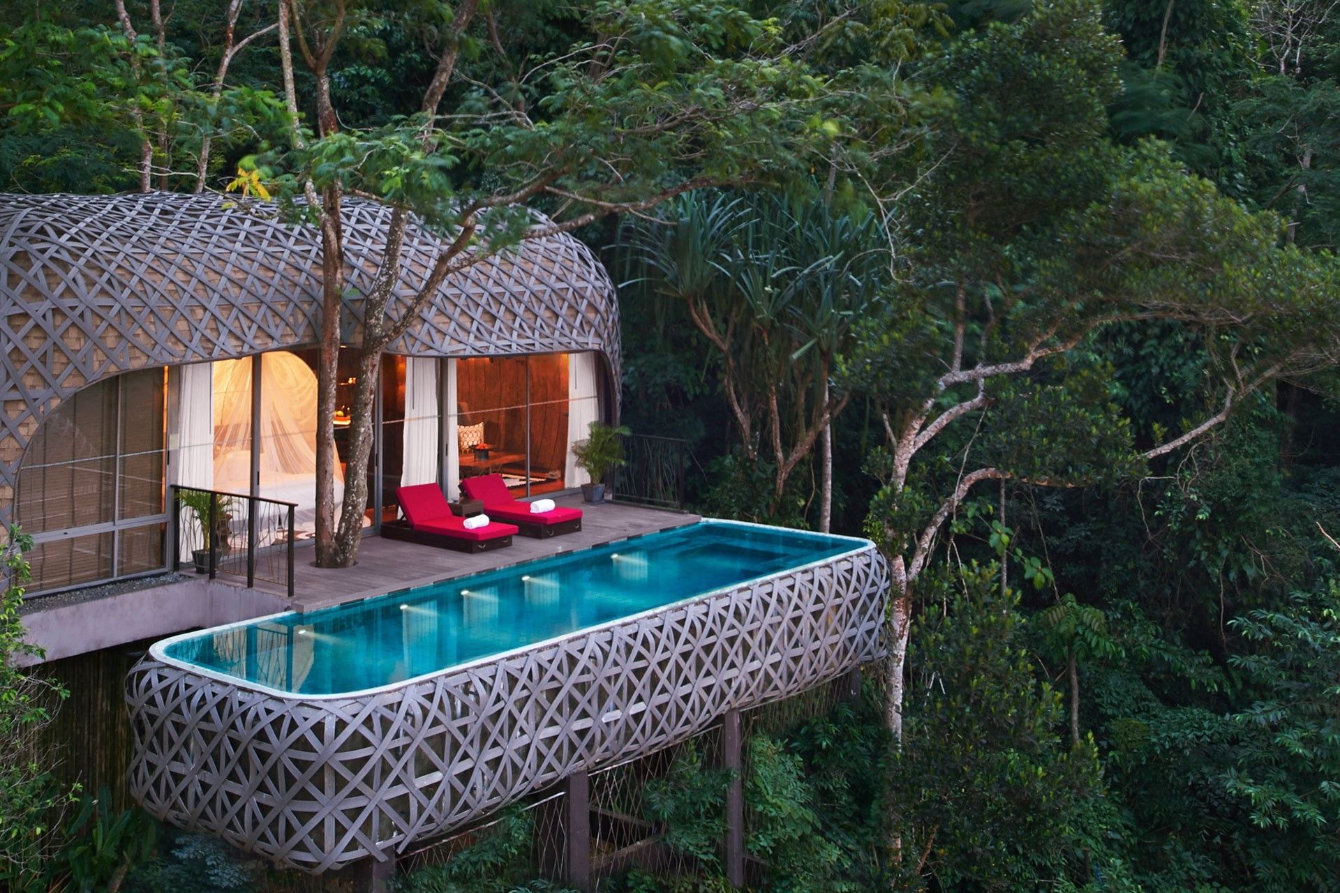 1920x1280 Wallpaper / architecture, modern, nature, landscape, house, trees, jungle, Thailand, rainforest, swimming pool, lights free download