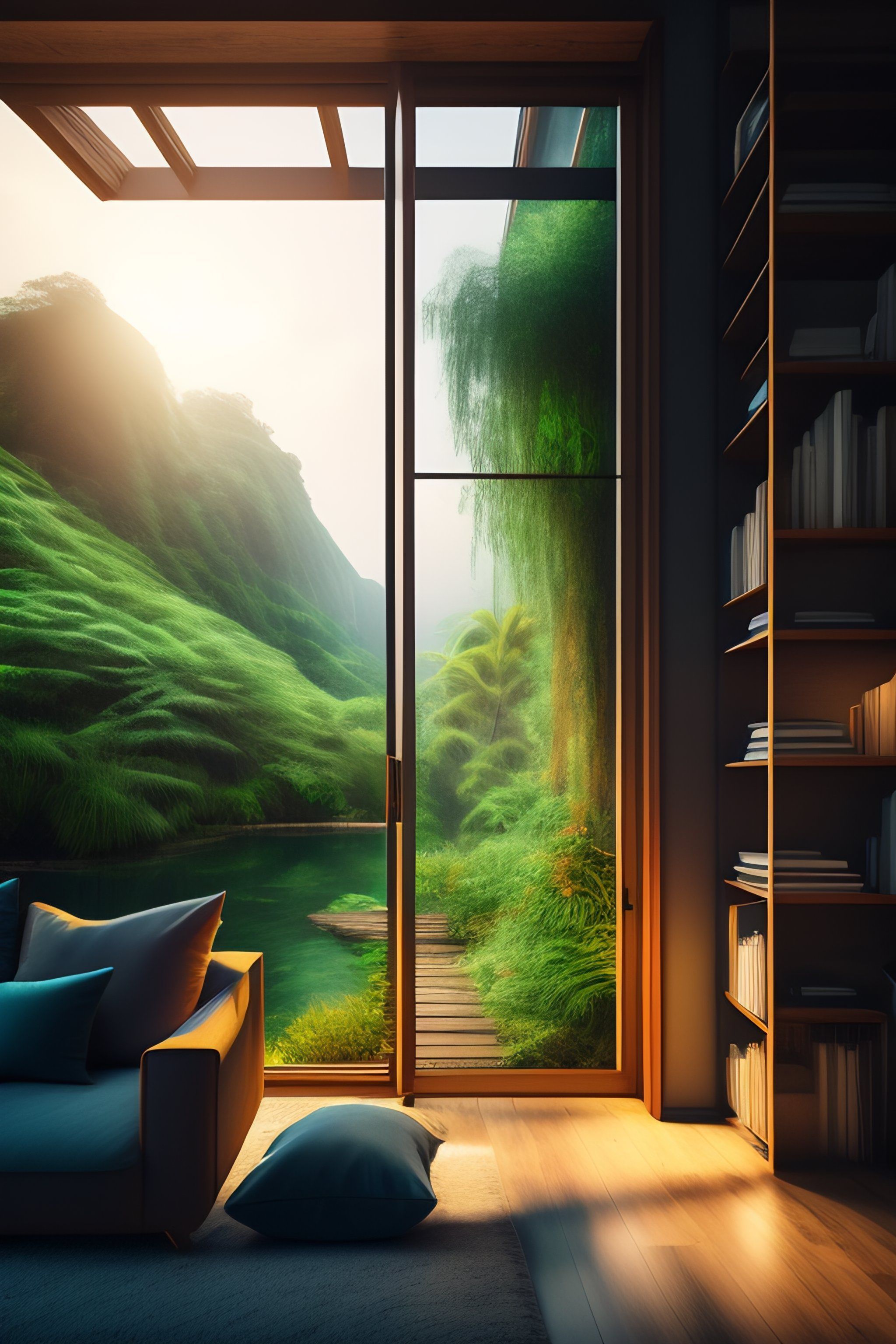 2048x3072 Lexica window, interior design of a jungle house, vivid lighting, photorealist, 4 k, ultra cosy, ultra minimalism, fantastic panorama view into