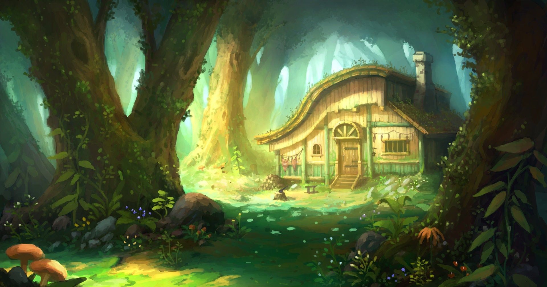 1920x1009 forest, fantasy art, nature, artwork, cabin, jungle, mythology, screenshot, habitat, natural environment, computer Gallery HD Wallpaper