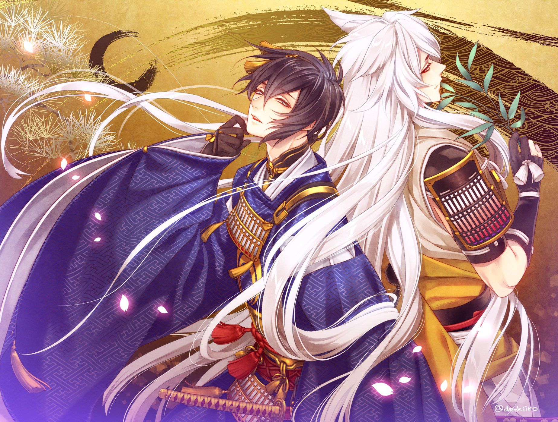 1848x1400 male, Animal, Ears, Anthropomorphism, Black, Hair, Gloves, Japanese, Clothes, Kogitsunemaru, Long, Hair, Male, Short, Hair, Touken, Ranbu, White, Hair
