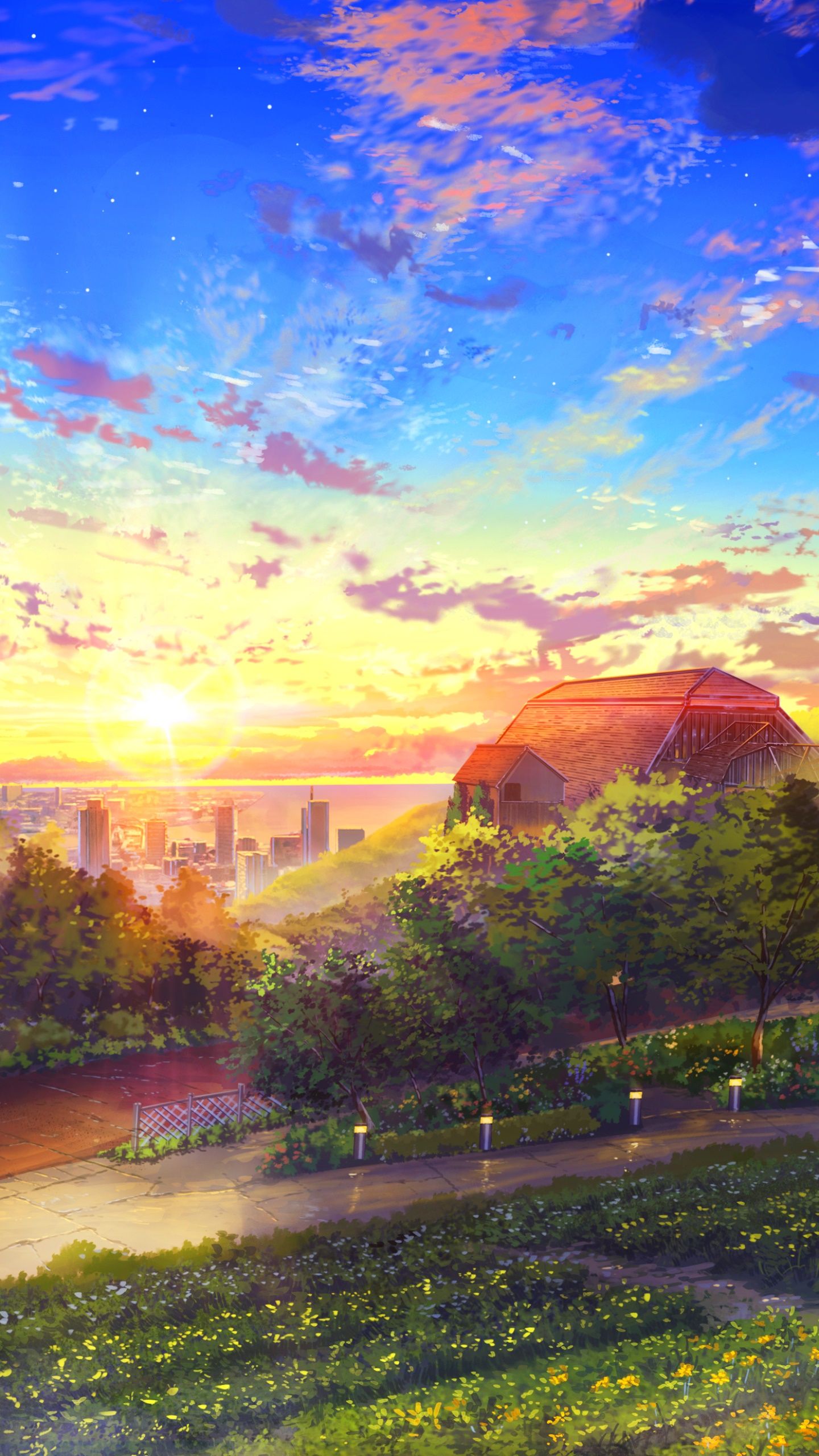 1440x2560 Wallpaper / Anime Landscape Phone Wallpaper, Sky, Sunset, House, Cloud, 1440x2560 free download