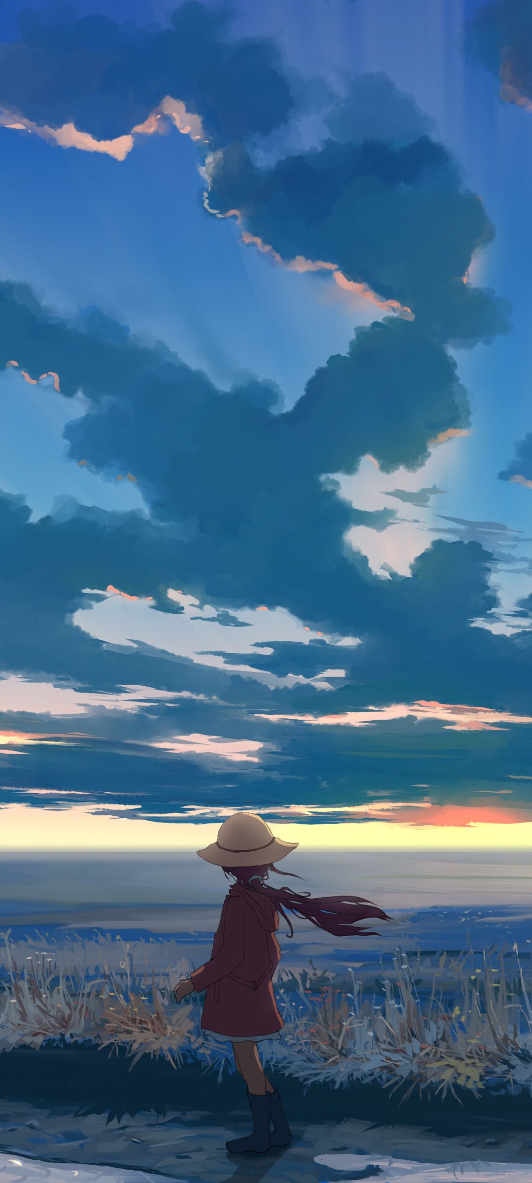 1080x2400 Mobile wallpaper: Anime, Nature, Sunset, Sky, Horizon, Cloud, Child, Hat, Original, 1393796 download the picture for free