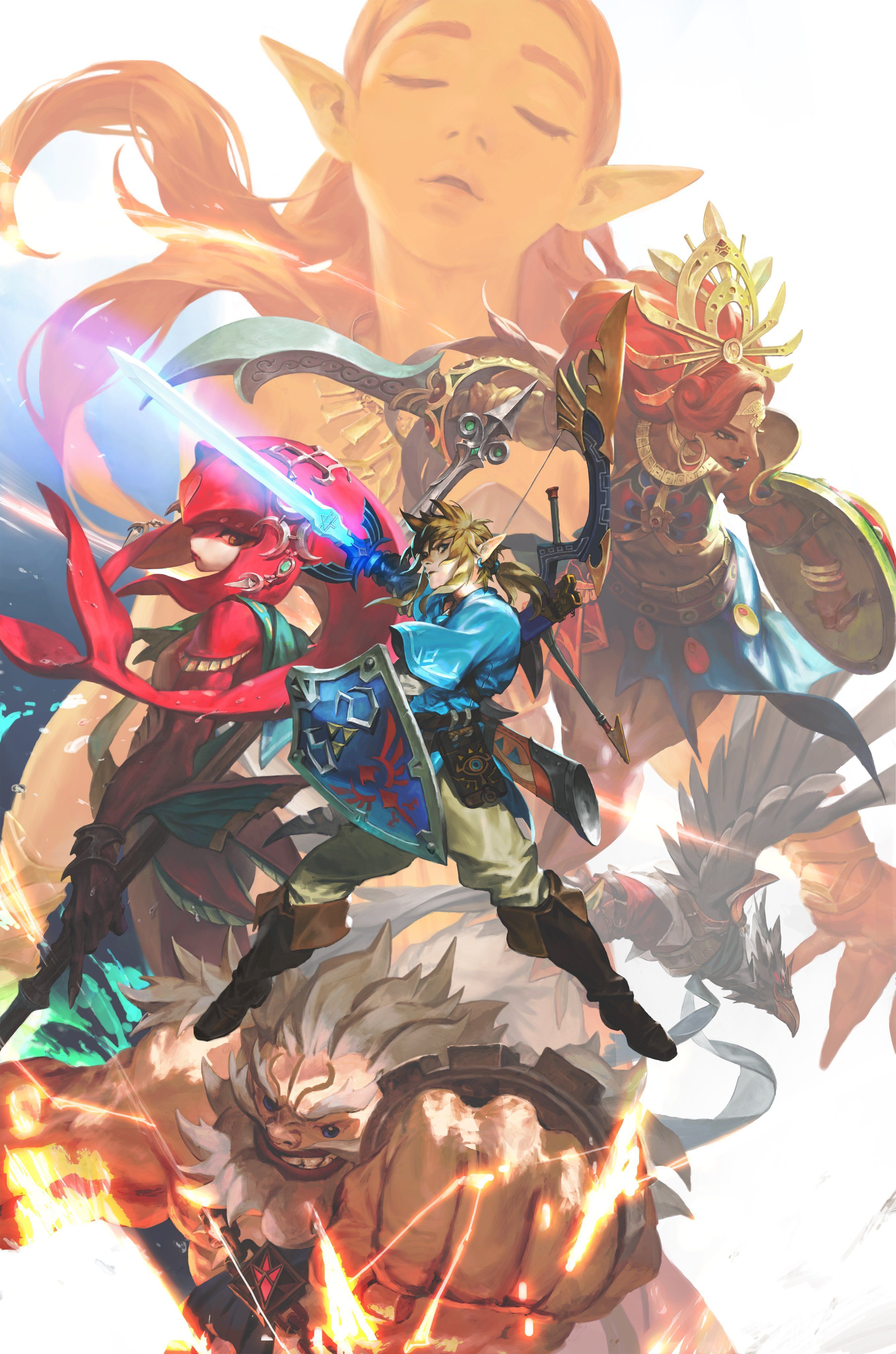 2712x4096 link, princess zelda, mipha, urbosa, revali, and 1 more (the legend of zelda and 1 more) drawn