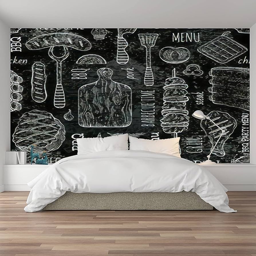 894x894 Peel And Stick Wallpaper BBQ Seamless Black Barbecue In Sketch Chalkboard Style With Grill Food Canvas Wall Mural Self Adhesive Removable Wall Paper For Bedroom Living Room Modern Wall Decor 66x96