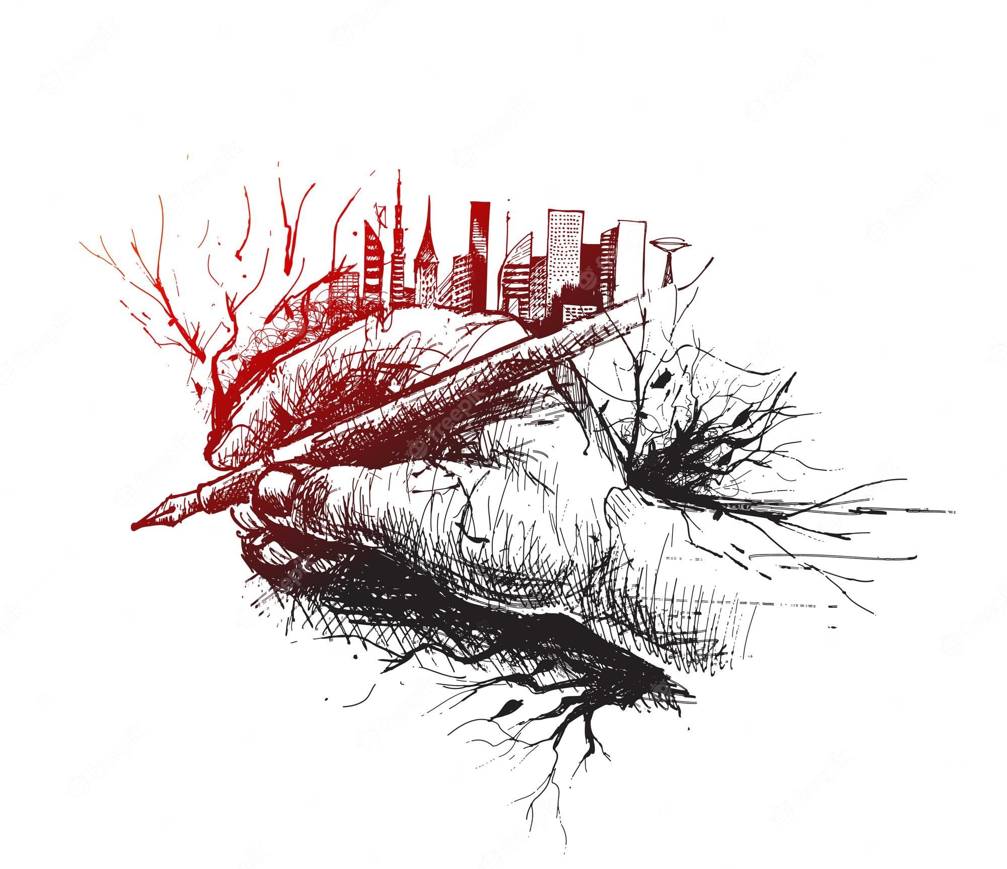 2000x1727 Premium Vector. Sketch of hand holding pen isolated on white background with urban city skyline wallpaper