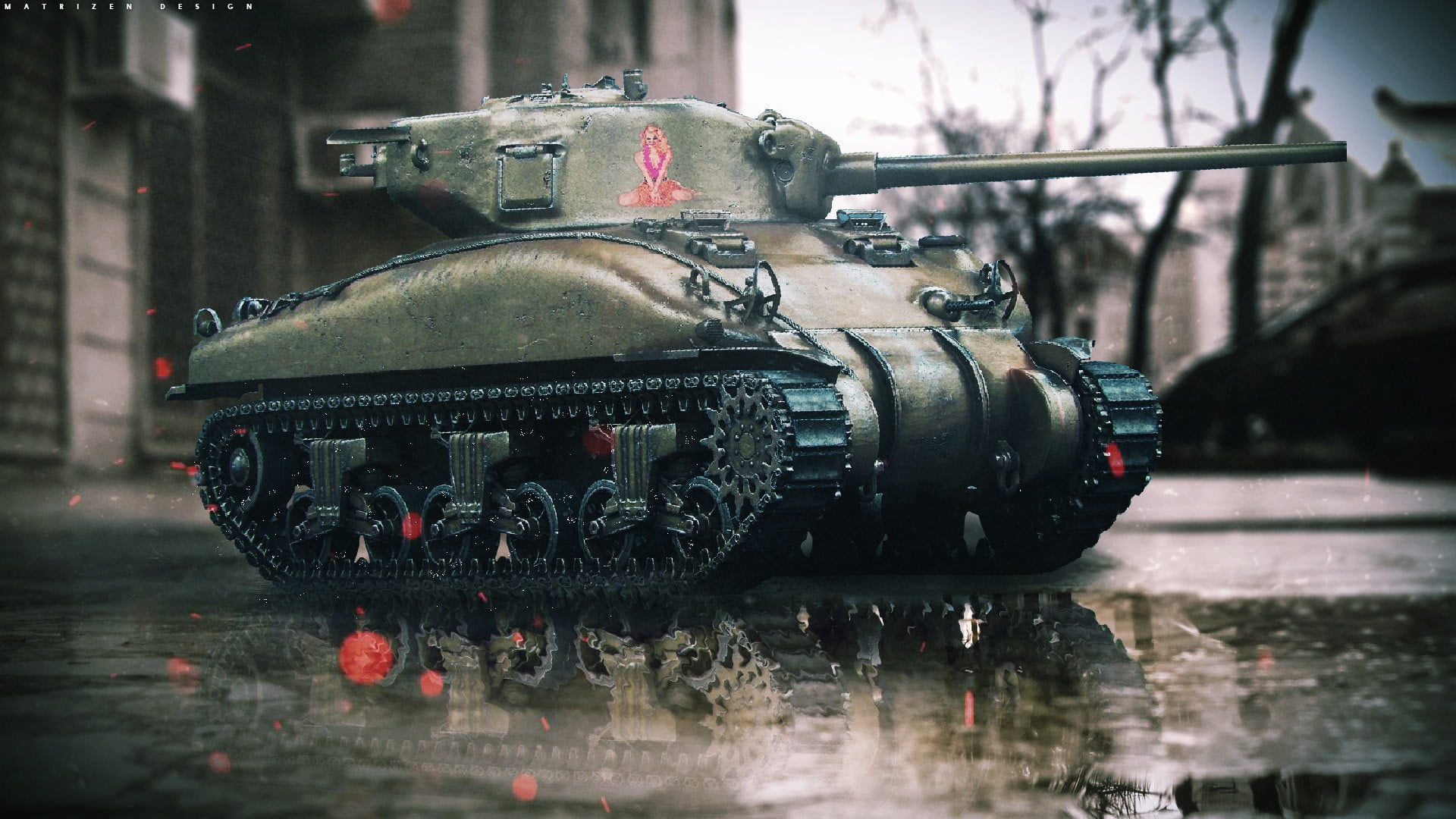 1920x1080 Wallpaper / transportation, reflection, photo manipulation, city, 1080P, land vehicle, military, Photohop, M4 Sherman, army, day, street, digital art, wet, black free download