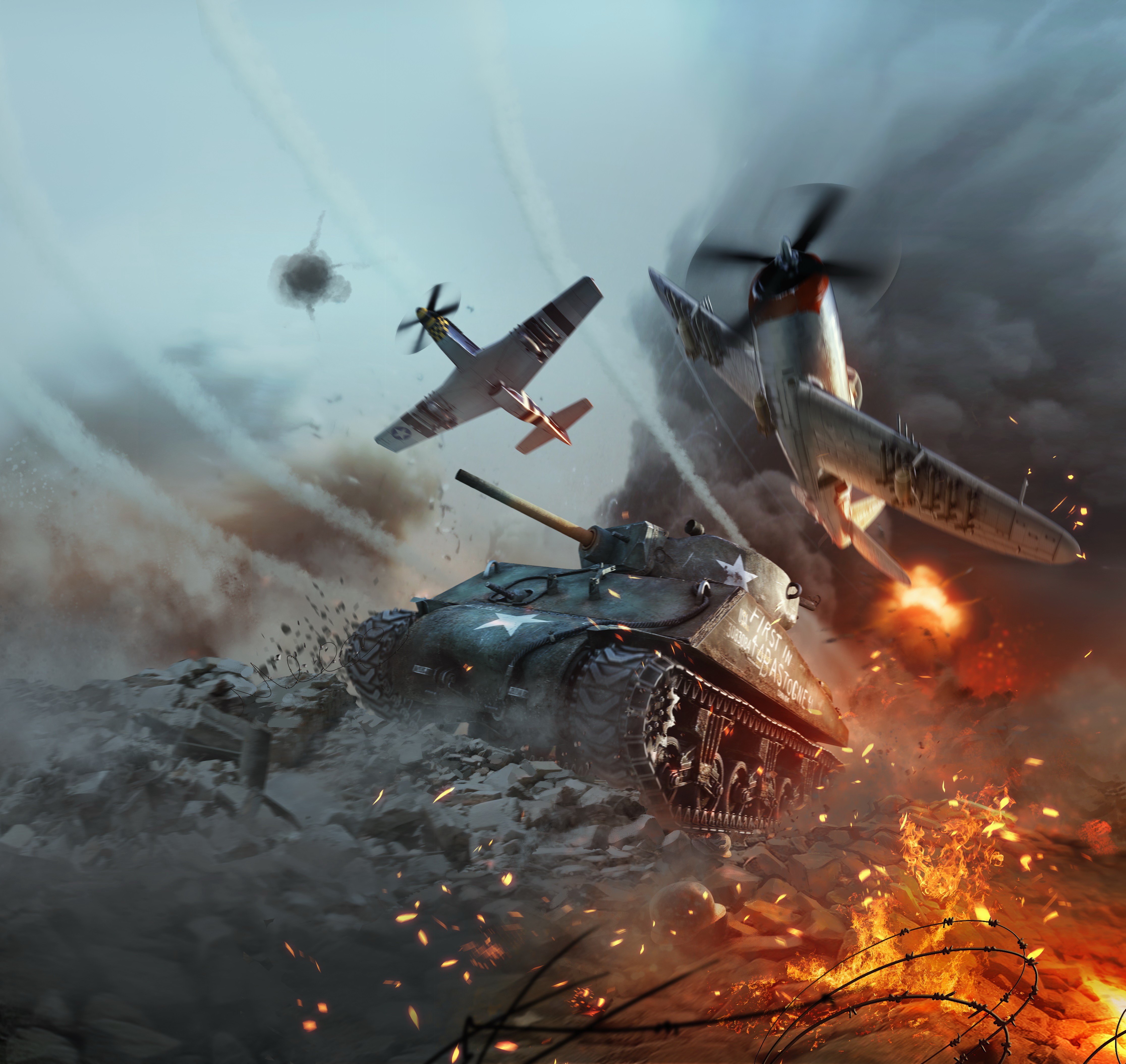 4464x4217 4K, War Thunder, Tanks, Airplane, M4 Sherman, American Gallery HD Wallpaper