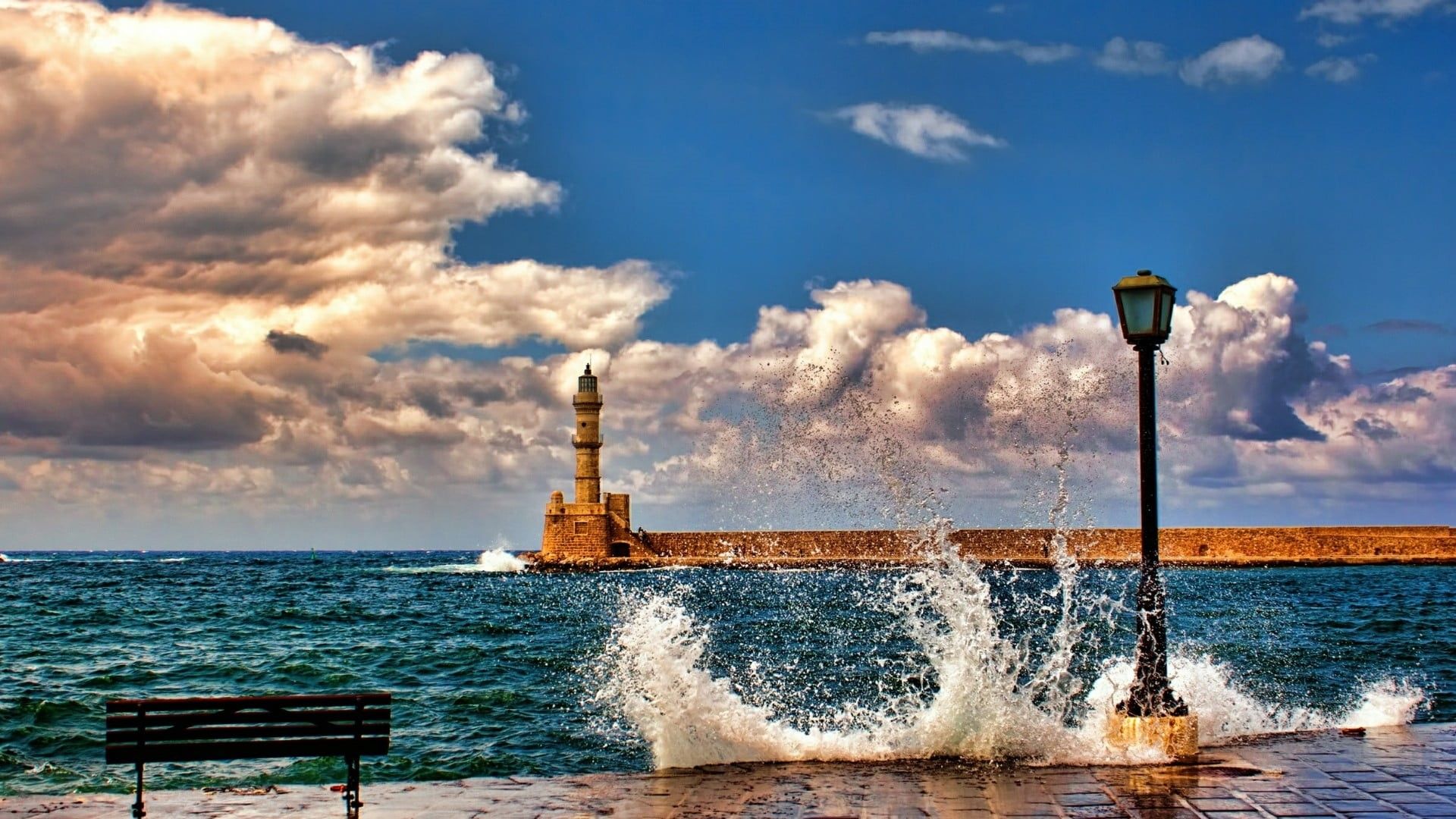 1920x1080 Wallpaper / beach, chania, bench, tower, sea, day, breakwater, shore, cloud, power in nature, crete, beauty in nature, ocean, wave, 1080P, horizon over water free download