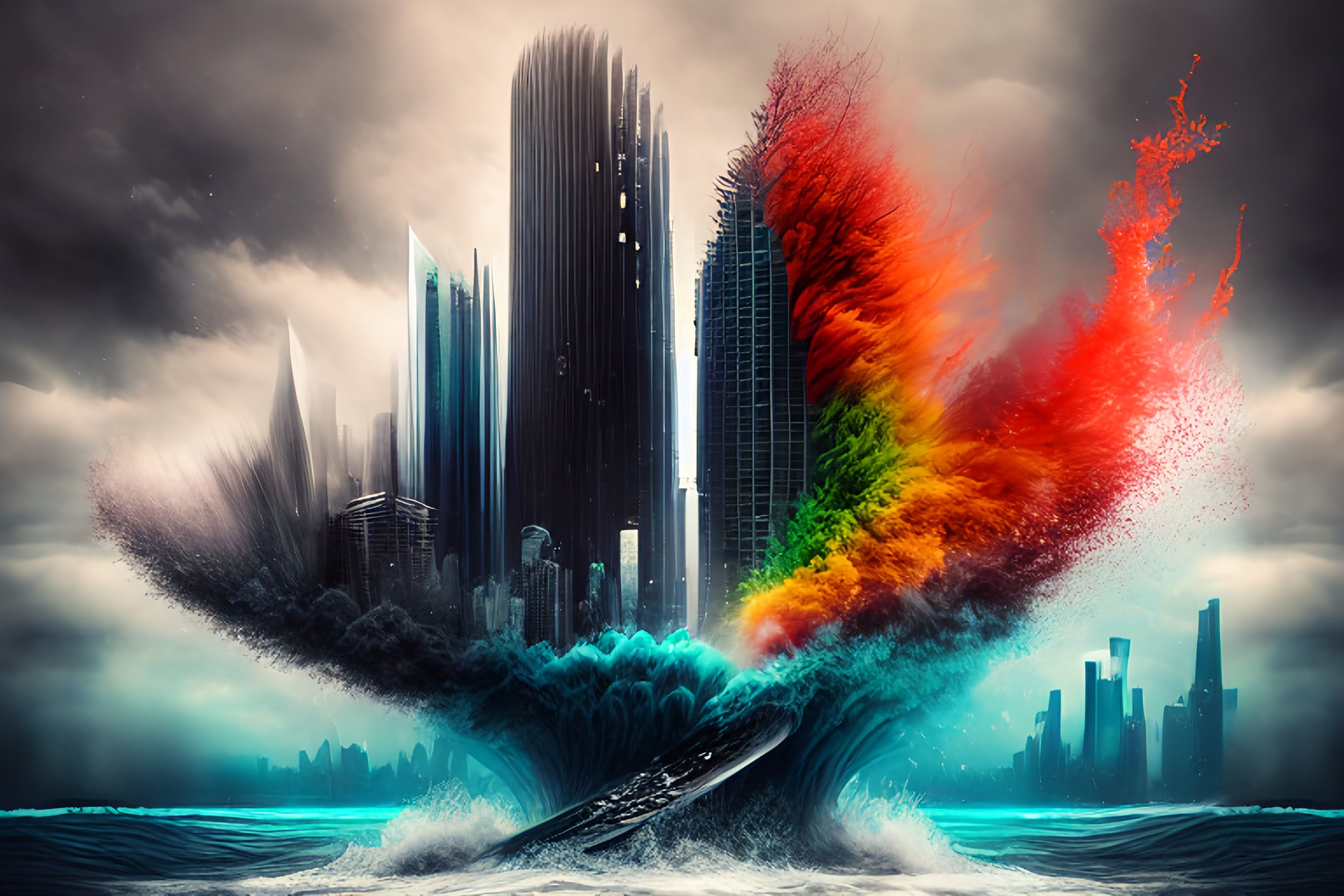 3072x2048 City on water prompt: surreal, city, skyline, under, water, surreal four, seasons, art, watertornado, centered, bmario, nevado, surreal, photoshop art, photorealistic
