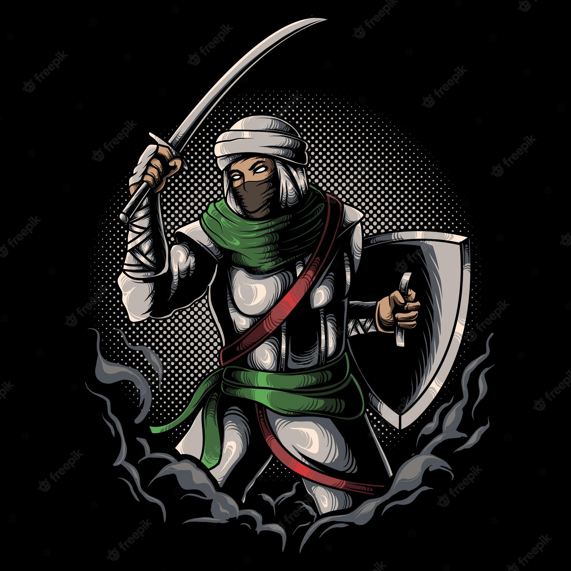 2000x2000 Premium Vector. Arabian muslim warrior holding sword and shield vector illustration