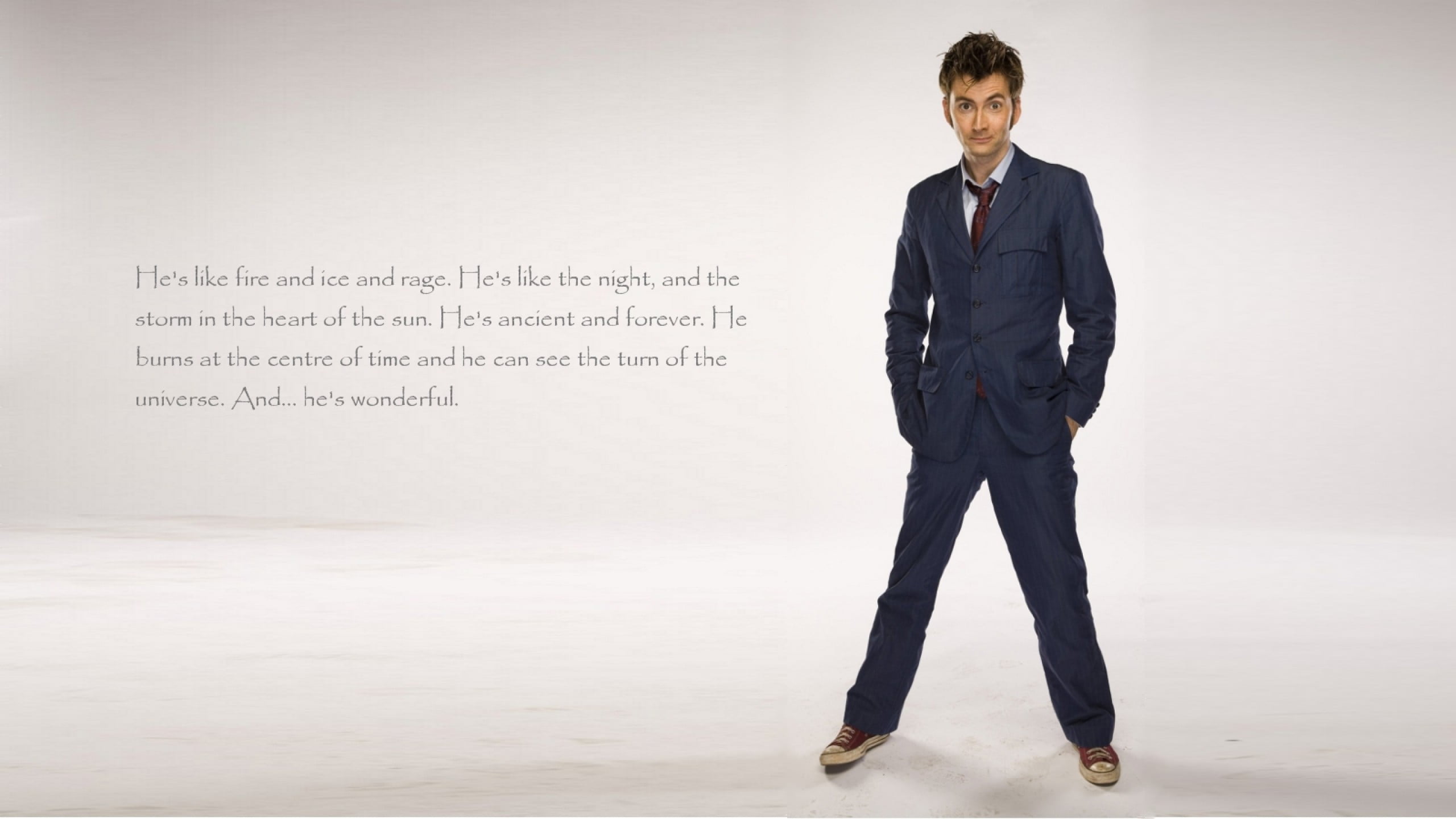 2560x1440 Men's blue suit jacket and pants with text overlay, The Doctor, TARDIS, David Tennant, Tenth Doctor HD wallpaper
