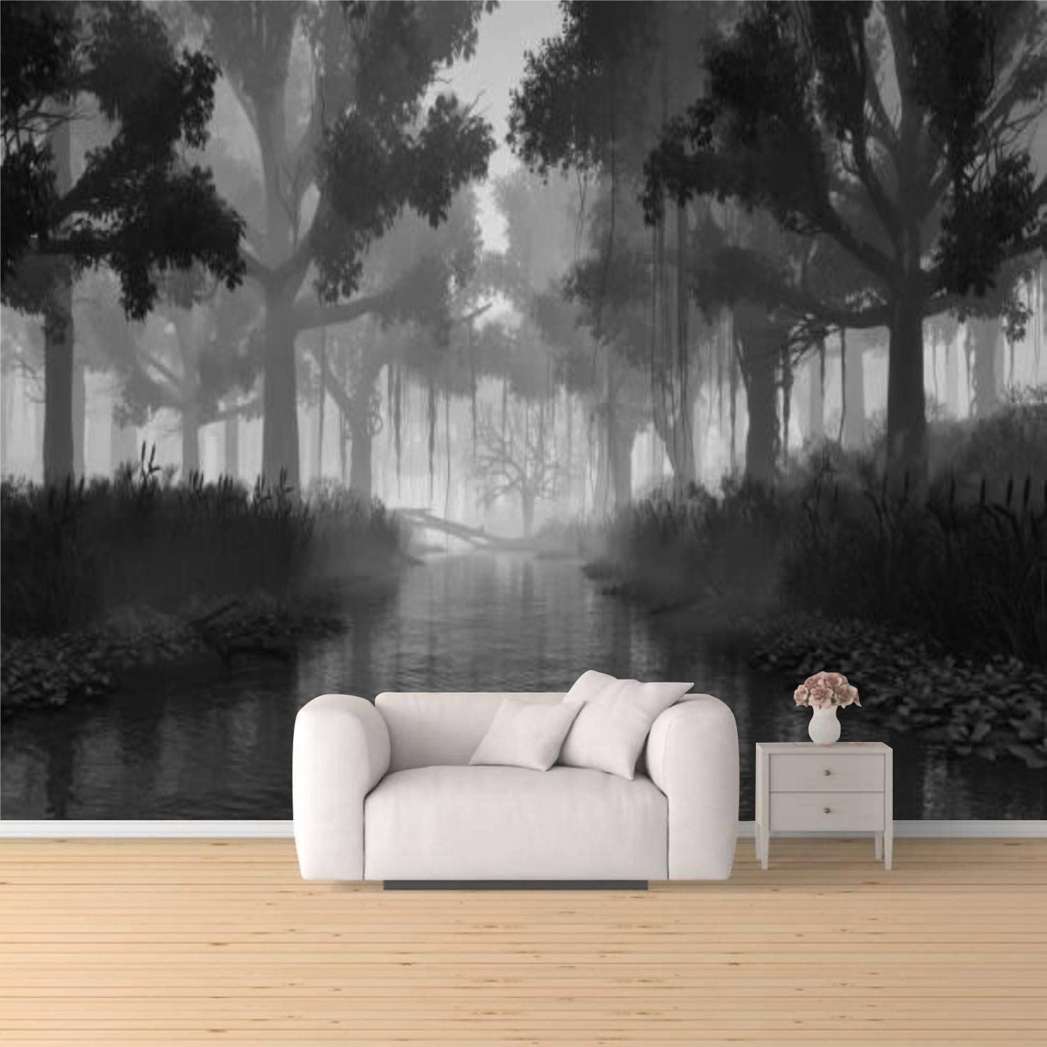 1500x1500 XZBLCMWYBYYYQ Creepy Forest Black White Landscape Peel & Stick Wallpaper Removable Self Adhesive Large Wallpaper Roll 3D Wall Mural Sticker Home Decor For Living Room Bedroom