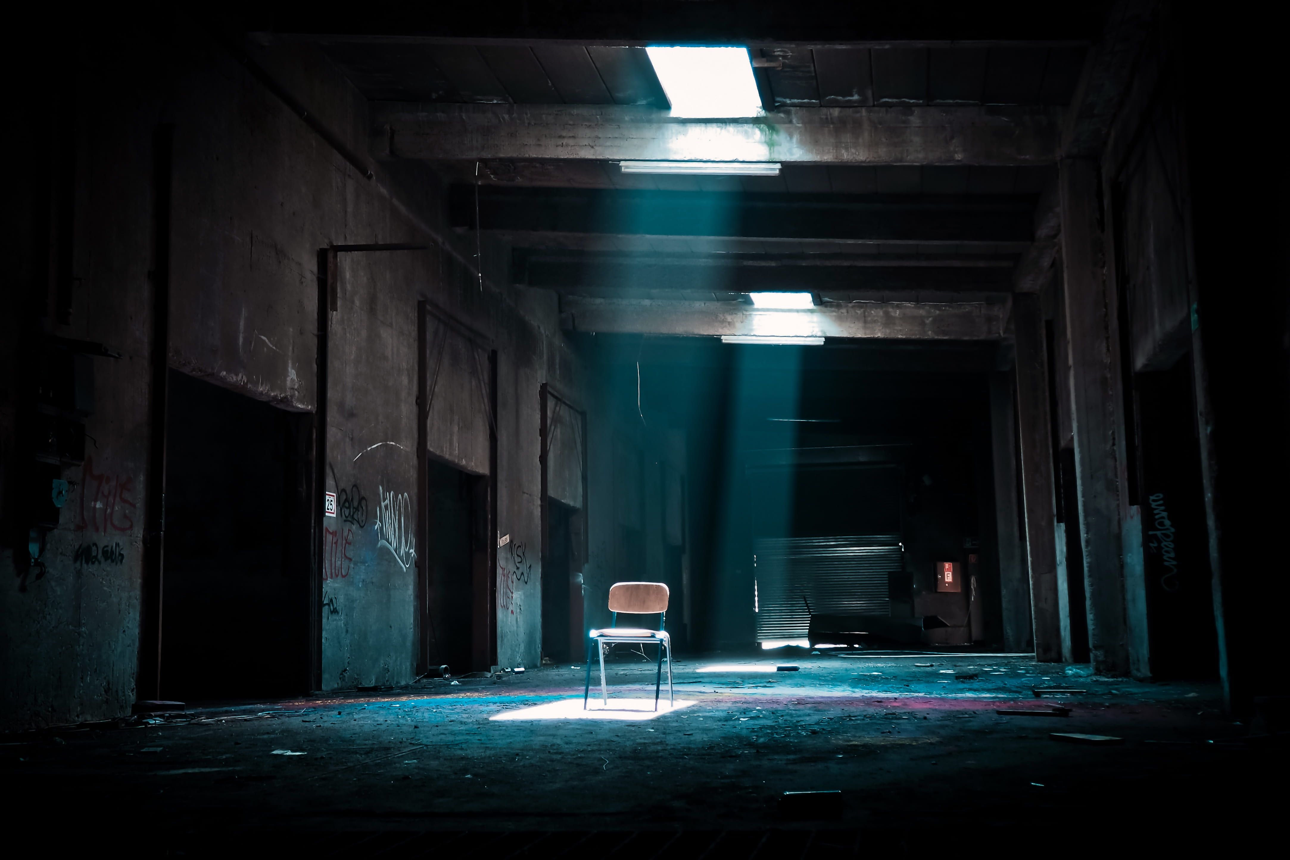 4332x2889 Wallpaper / broken, creepy, building, spotlight, ceiling, empty, dark, absence, sunlight, no people, dirty, basement, built structure, wall feature, chair free download
