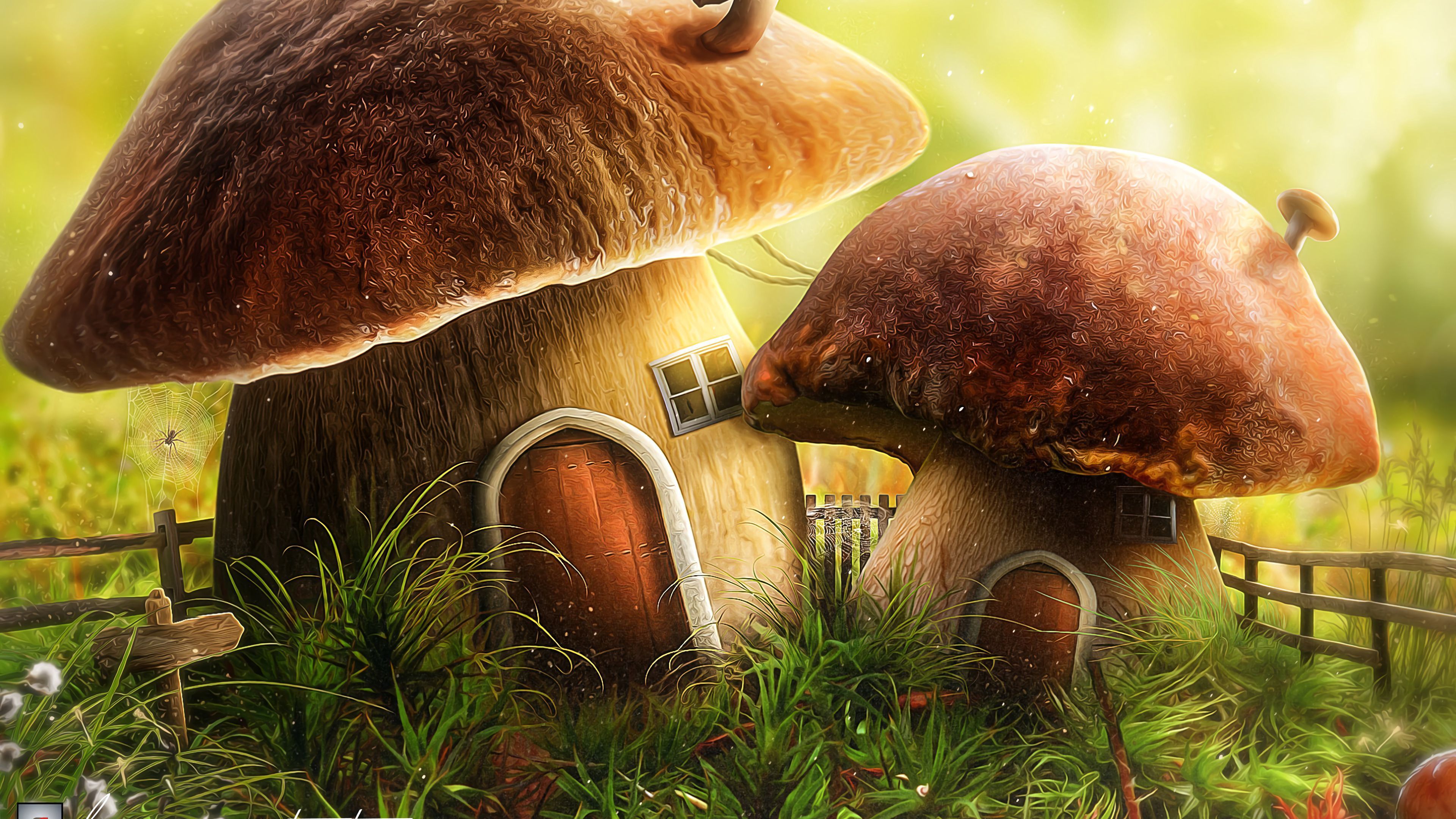 3840x2160 Wallpaper / mushroom, house, door, art, 4k free download