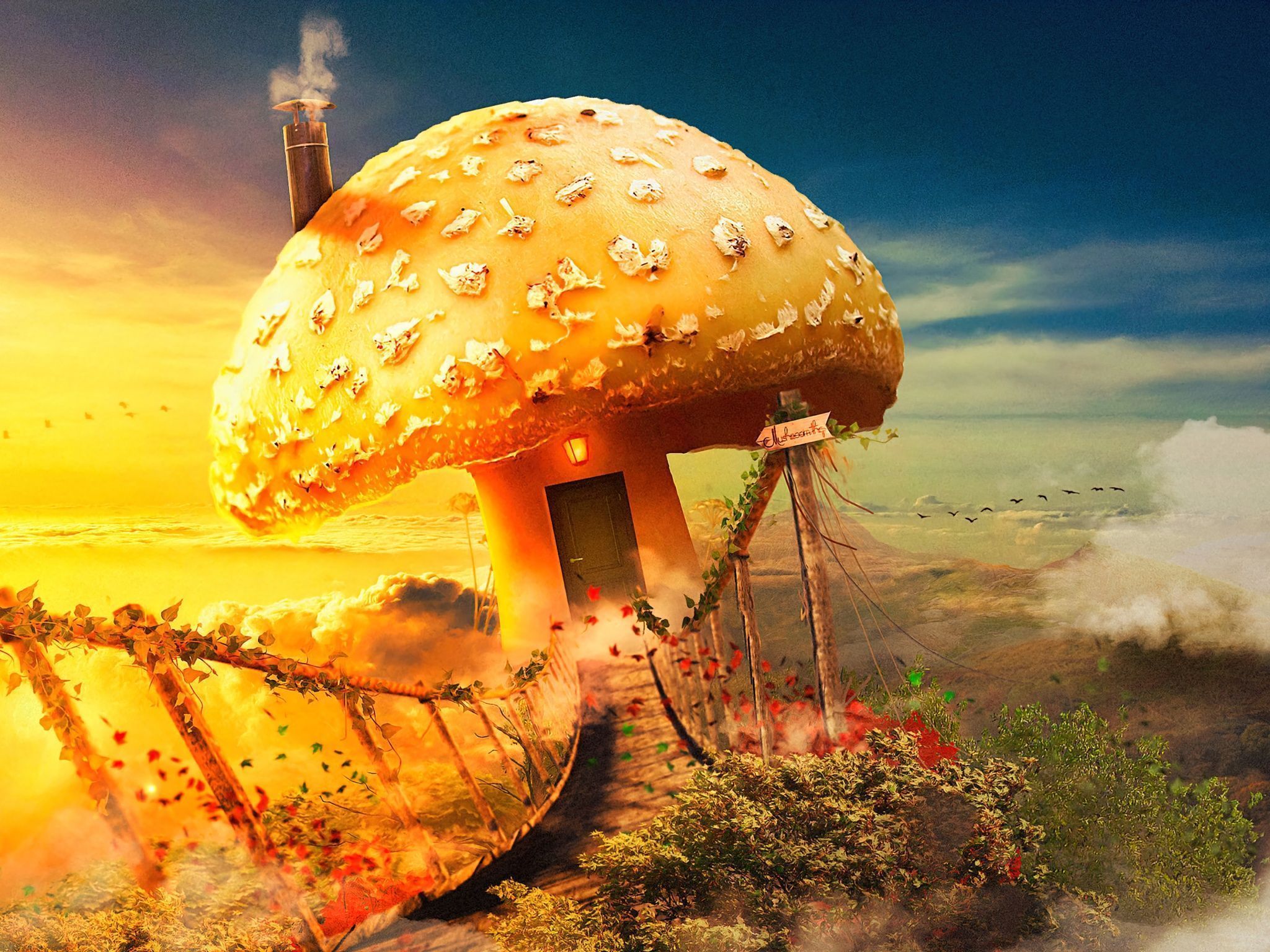 2048x1536 Mushroom house Wallpaper 4K, Surreal, Bridge, Dream, Fantasy