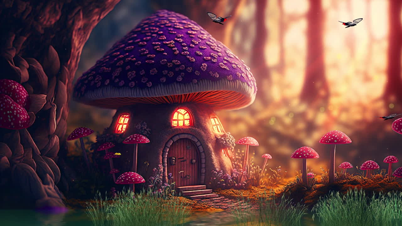 1280x720 Premium stock video house animation in the middle of a fairy tale forest, dreamlike animation of a gnome house
