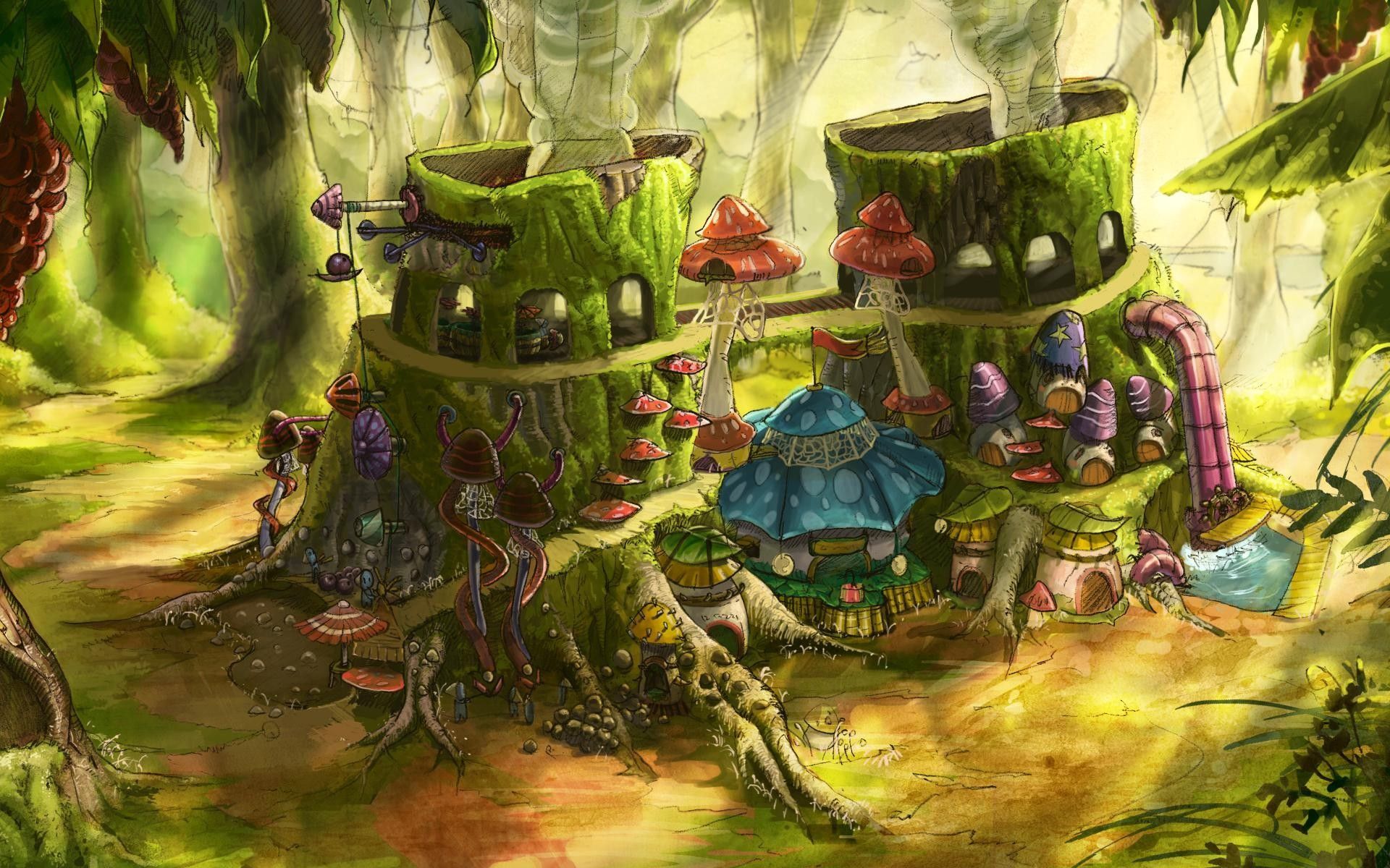 1920x1200 Fantasy Art Digital Art House Mushroom Tree Stump Trees Smoke Pipes Leaves Forest Moss Plants Wallpaper:1920x1200