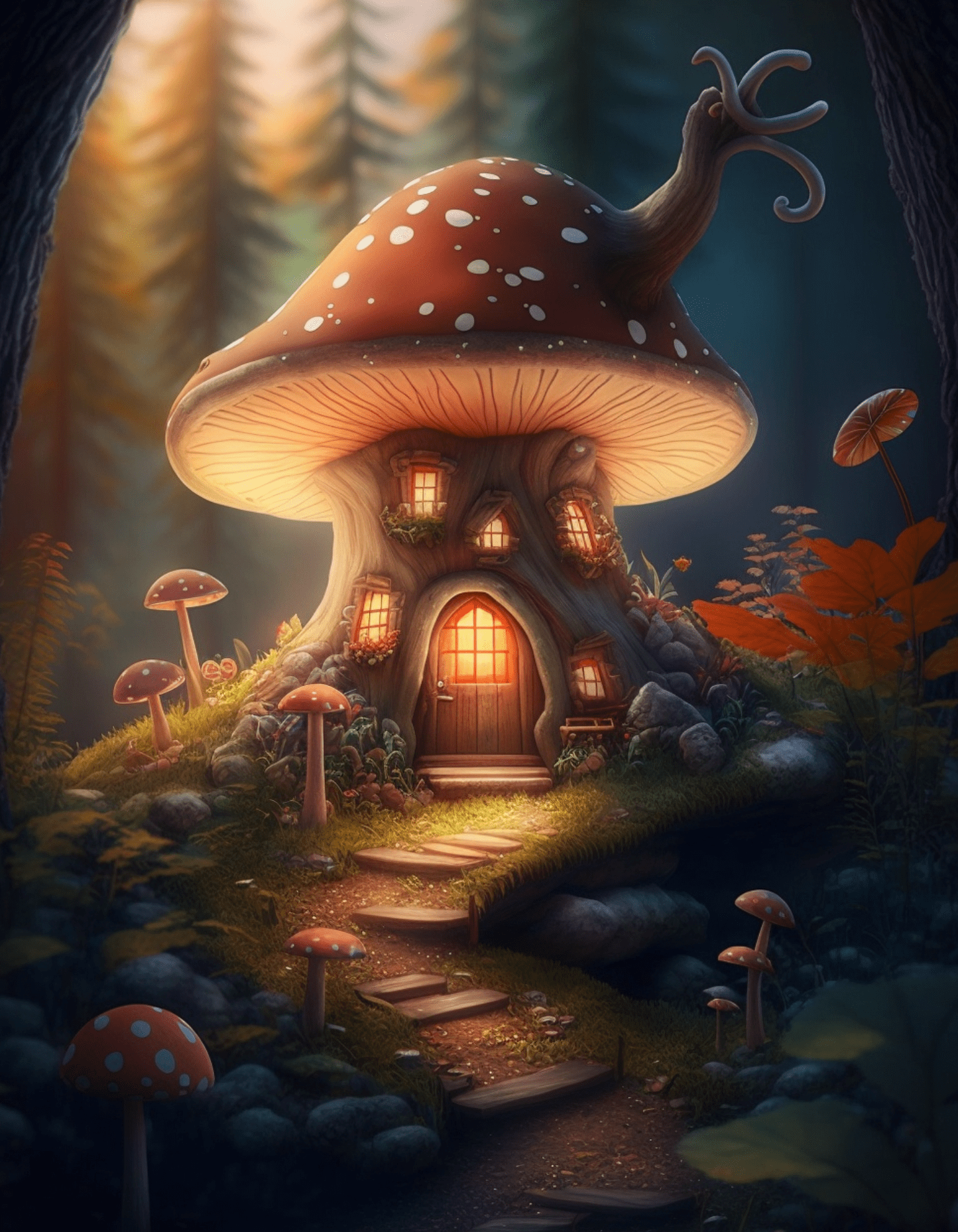 1445x1857 Printable Mushroom House in Enchanted Forest