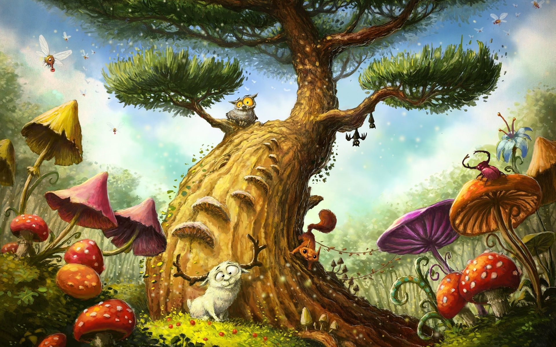 1920x1200 HD desktop wallpaper: Fantasy, Forest, Tree, Mushroom download free picture