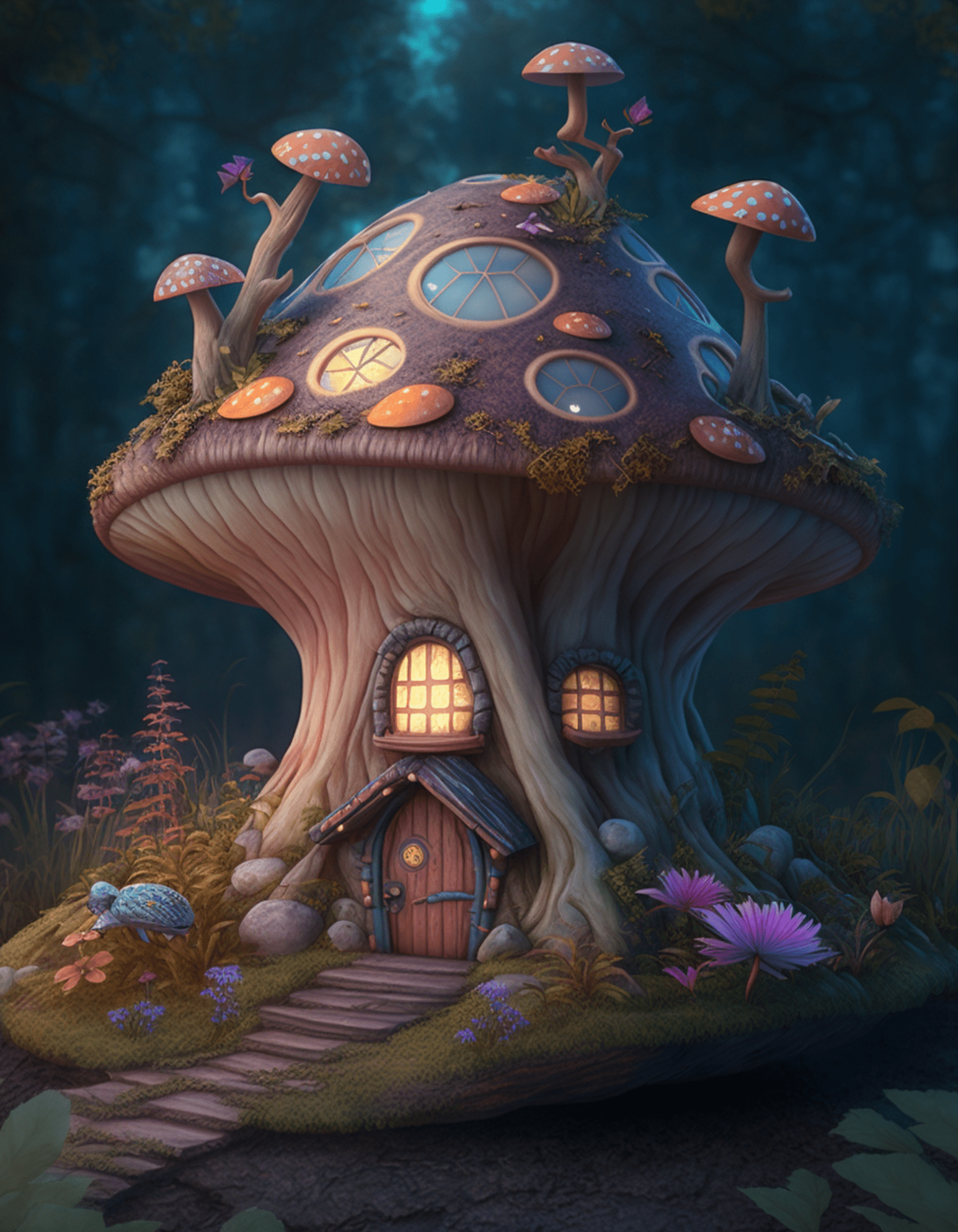 1556x2000 Printable Mushroom House in Enchanted Forest