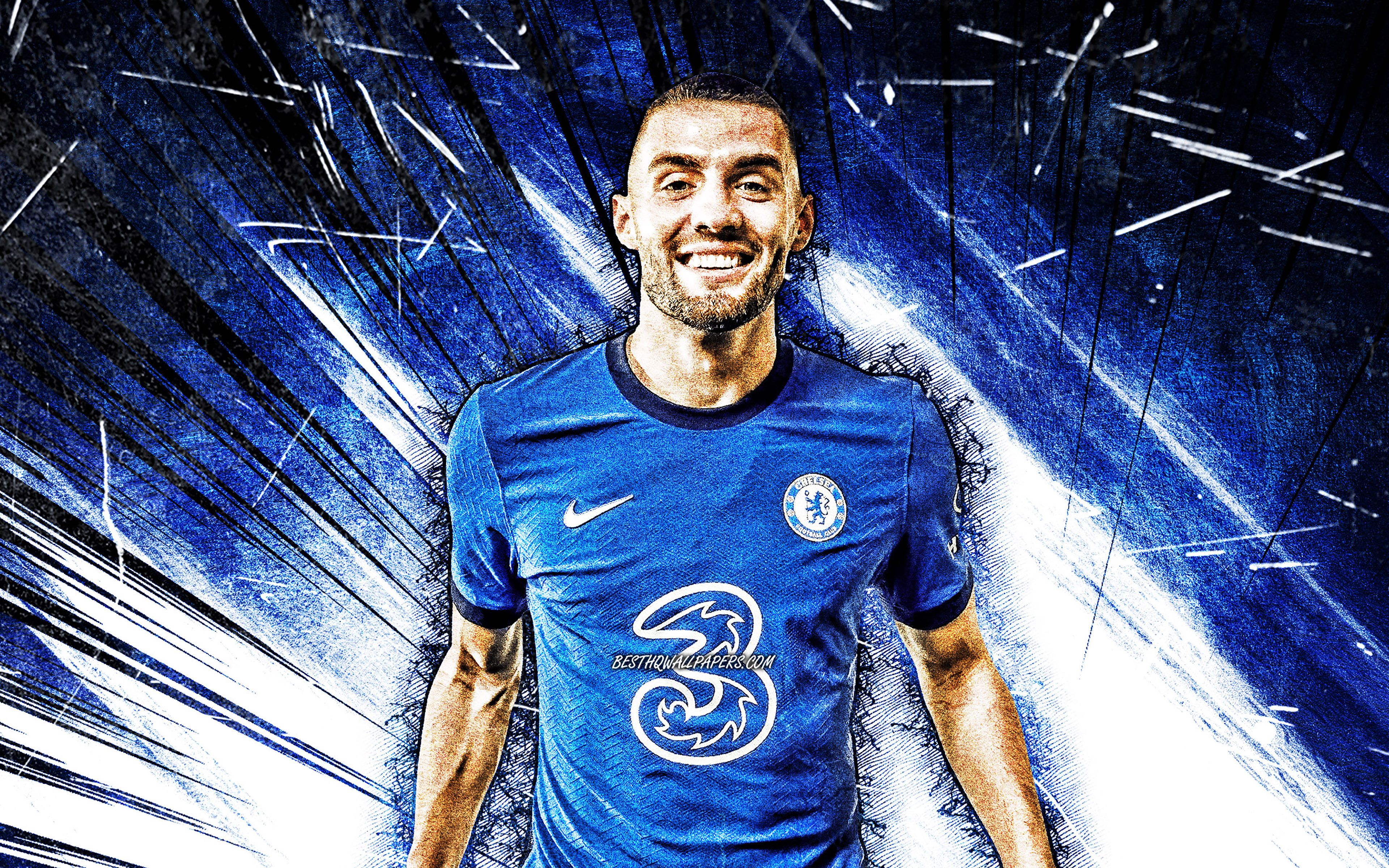 3840x2400 Download wallpaper 4k, Mateo Kovacic, grunge art, Chelsea FC, croatian footballers, Premier League, soccer, Mateo Kovacic Chelsea, football, blue abstract rays, Mateo Kovacic 4K for desktop with resolution 3840x2400. High Quality HD