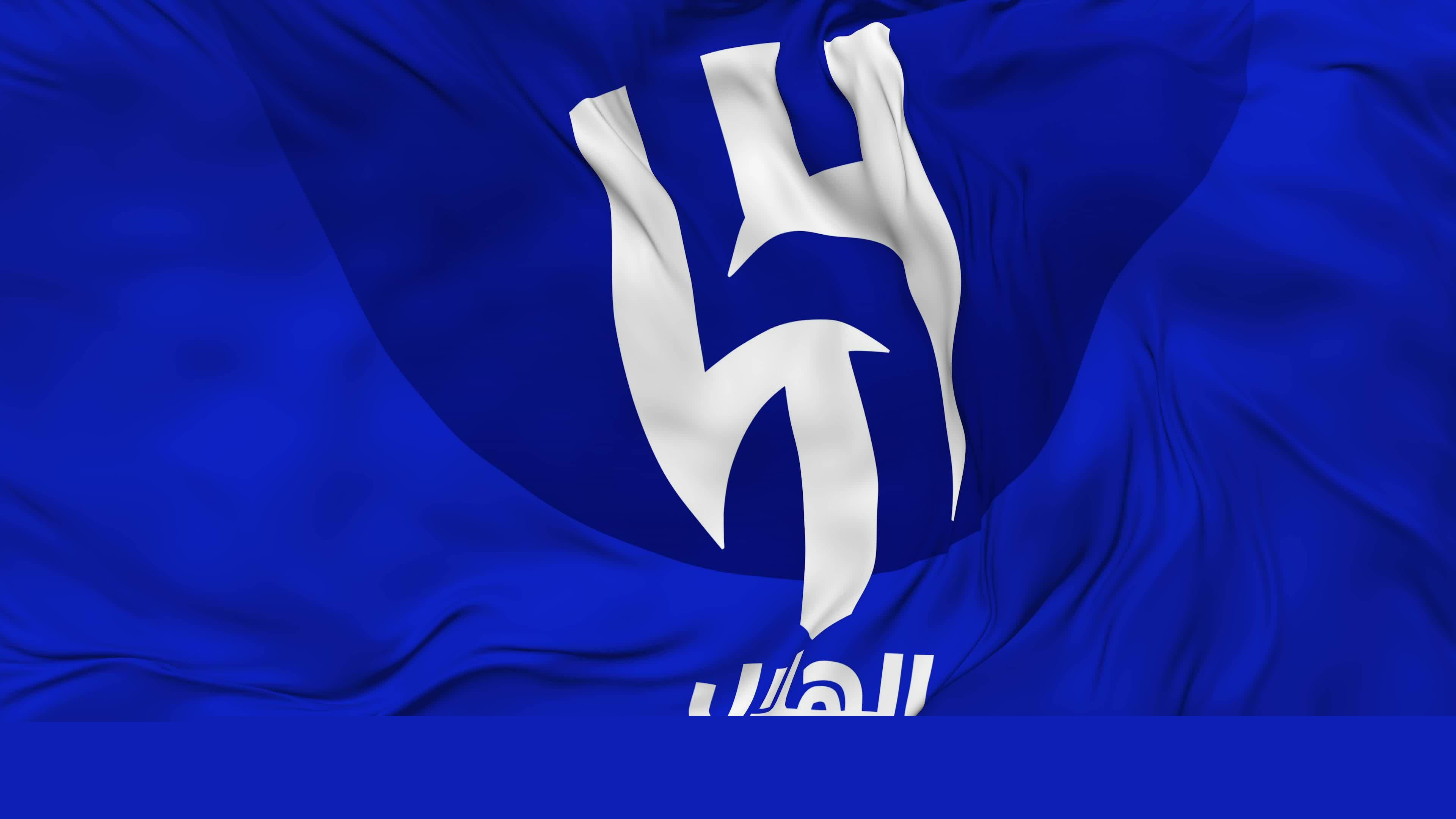 3840x2160 Al Hilal Saudi Football Club, Al Hilal SFC Flag Seamless Looping Background, Looped Bump Texture Cloth Waving Slow Motion, 3D Rendering