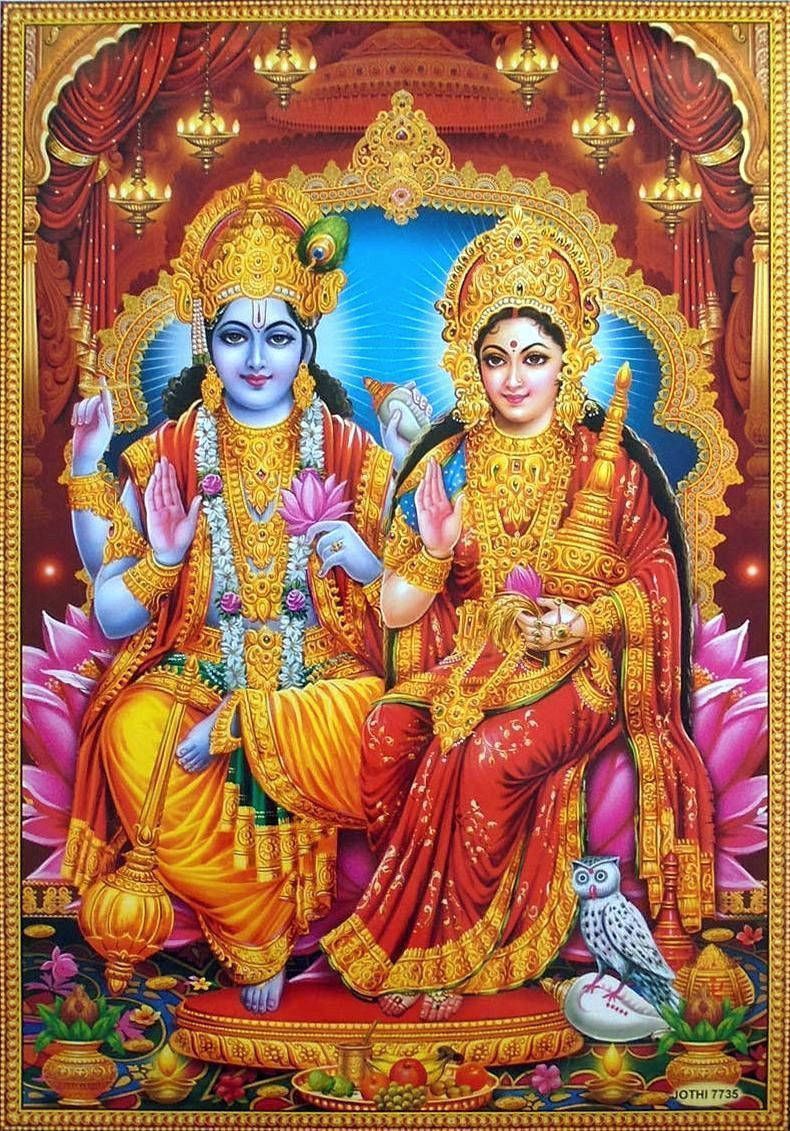 790x1131 Download Goddess Lakshmi And Vishnu Golden Outfits HD Wallpaper