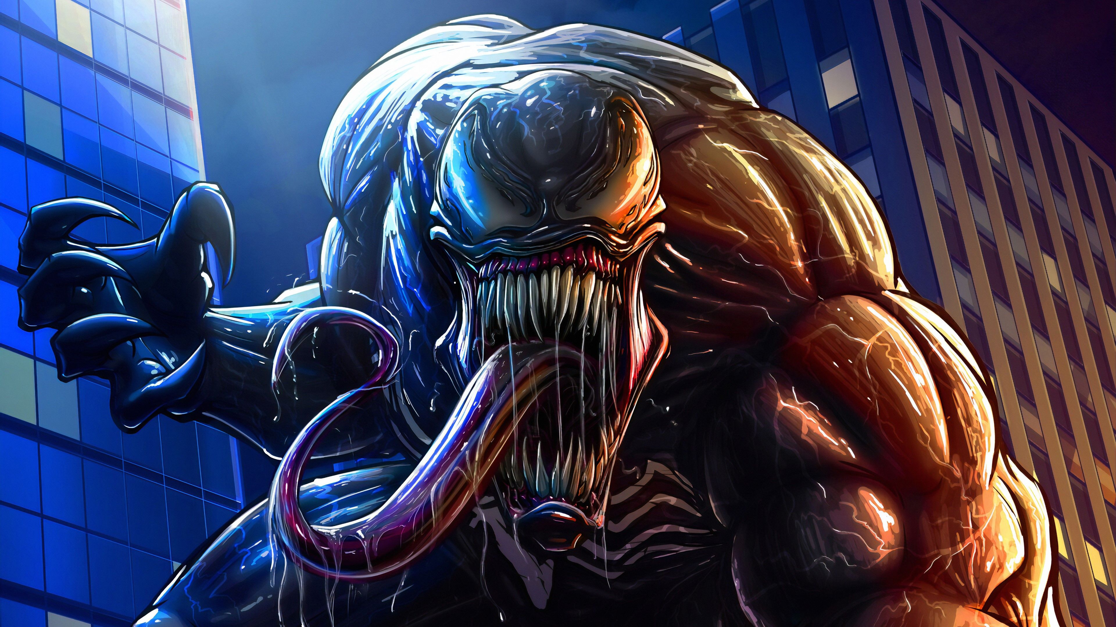 3840x2160 Wallpaper / digital, digital art, artwork, Marvel Cinematic Universe, Marvel Comics, comics, comic art, Venom, Eddie, eddie brock, fictional, fictional character, Symbiote, lights, city, architecture, modern, building, night, antiheroes