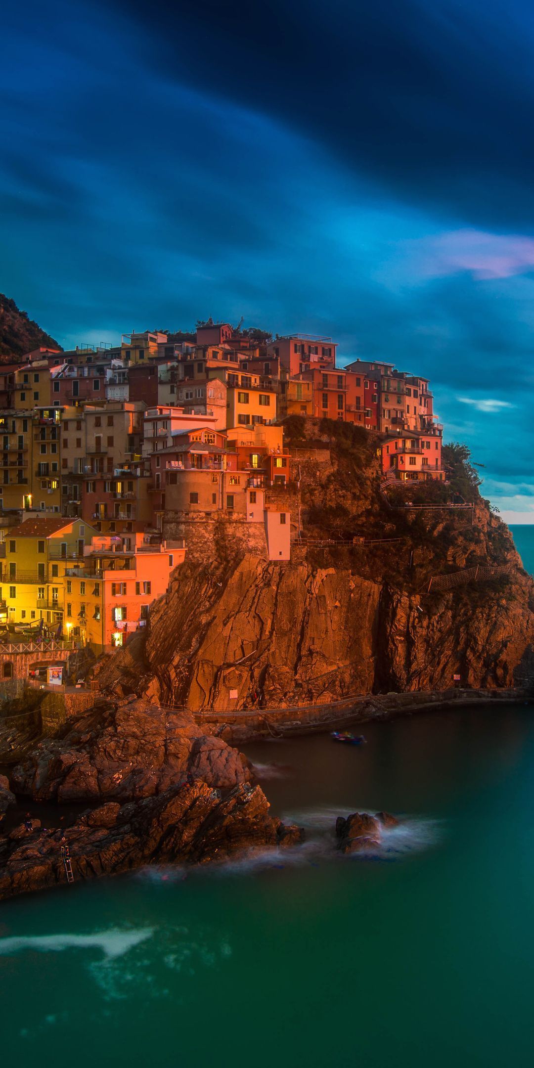 1080x2160 Download Italy Manarola, Italy, Manarola, Houses, Rocks, Sea, Lights, Night Wallpaper in 1080x2160 Resolution
