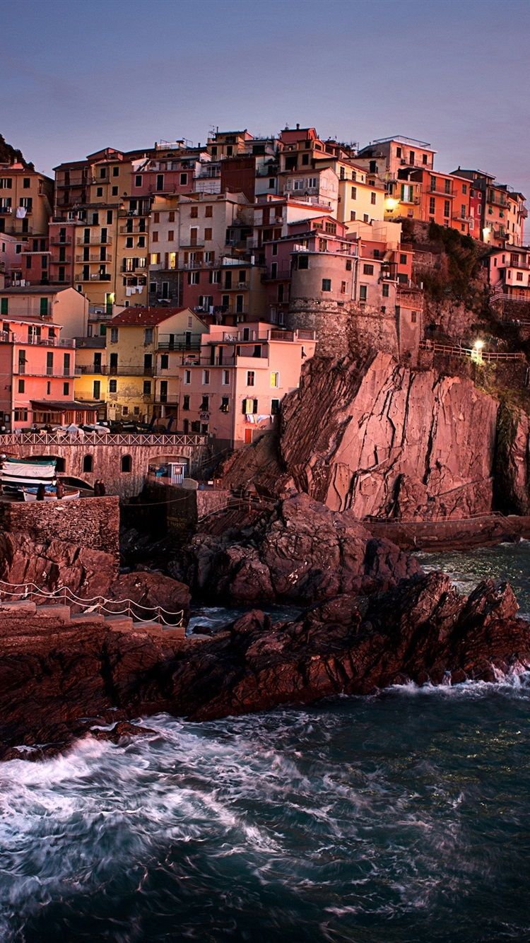750x1334 Manarola, Italy, Night, Houses, Cliff, Coast 750x1334 IPhone 8 7 6 6S Wallpaper, Background, Picture, Image
