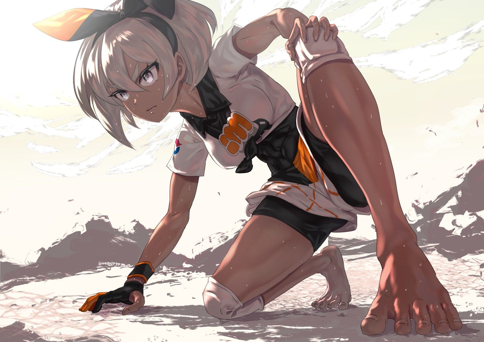 1684x1191 Wallpaper / Pokémon, barefoot, dark skin, gloves, gray eyes, short hair, shorts, anime free download