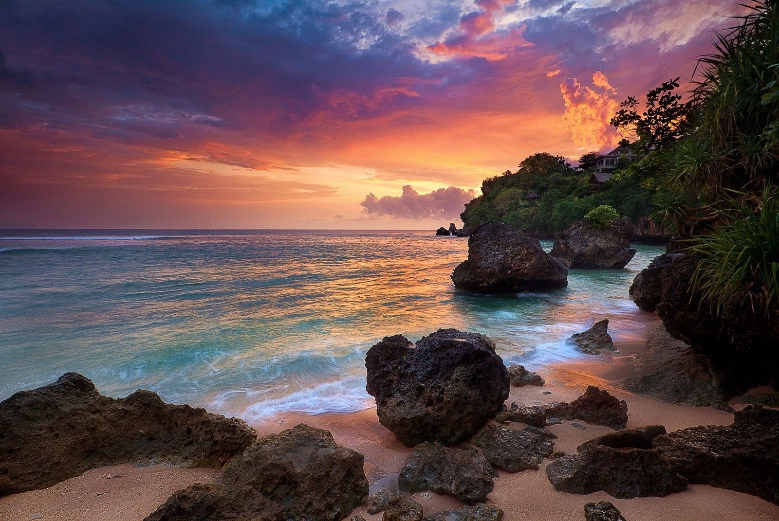 1600x1071 bali sunrise indonesia nature clouds sea rock landscape shrubs sand wallpaper