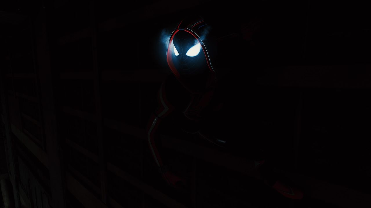 1280x720 Download Spiderman Miles Morales, Spider man, Miles Morales, Eyes, Black background, Amoled Wallpaper in 1280x720 Resolution