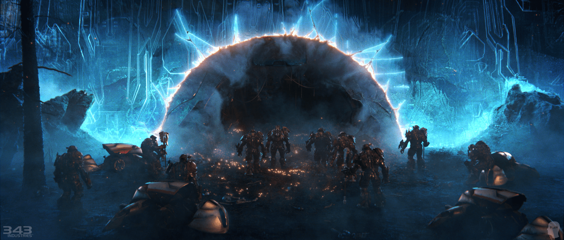 1920x818 Science Fiction Science Halo Banished Halo High Tech Brutes Halo Red Orange Blue Shield Forerunner V Wallpaper:1920x818