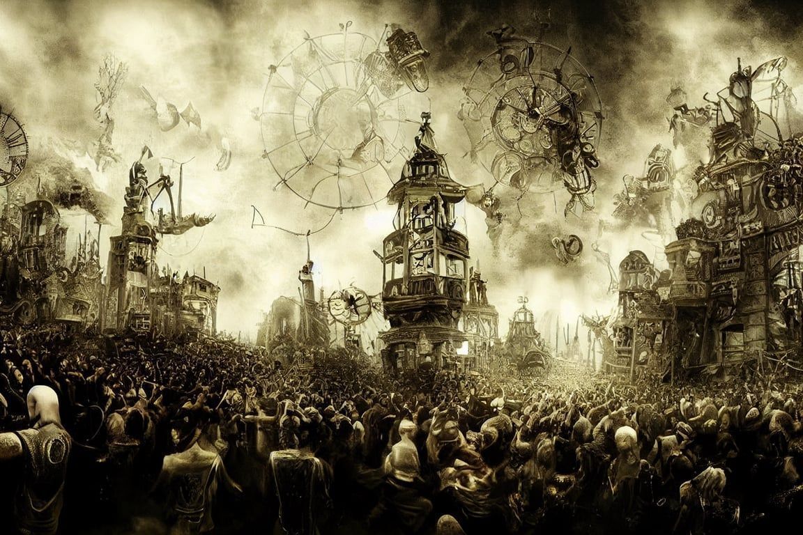 1152x768 prompthunt: **the black parade, big patry, dream world, epic spectacle, multiverse of madness, multiple dimensions, high tech time traveler, post apocalyptic fantasy, Dali clocks, Salvador Dali style, escher style, steam punk details