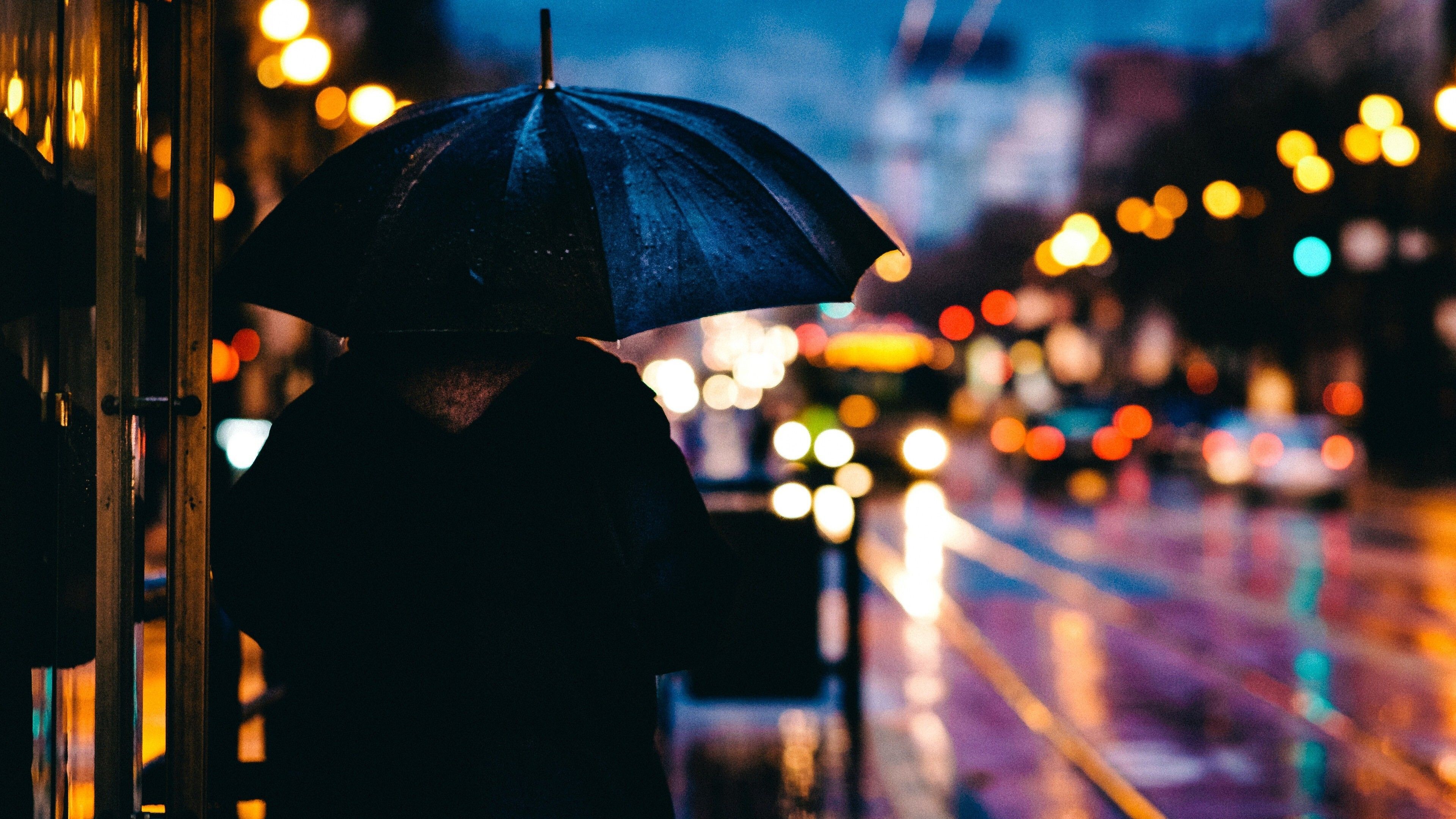 3840x2160 Night Light Reflection Effect in Rain 4K Wallpaper Background