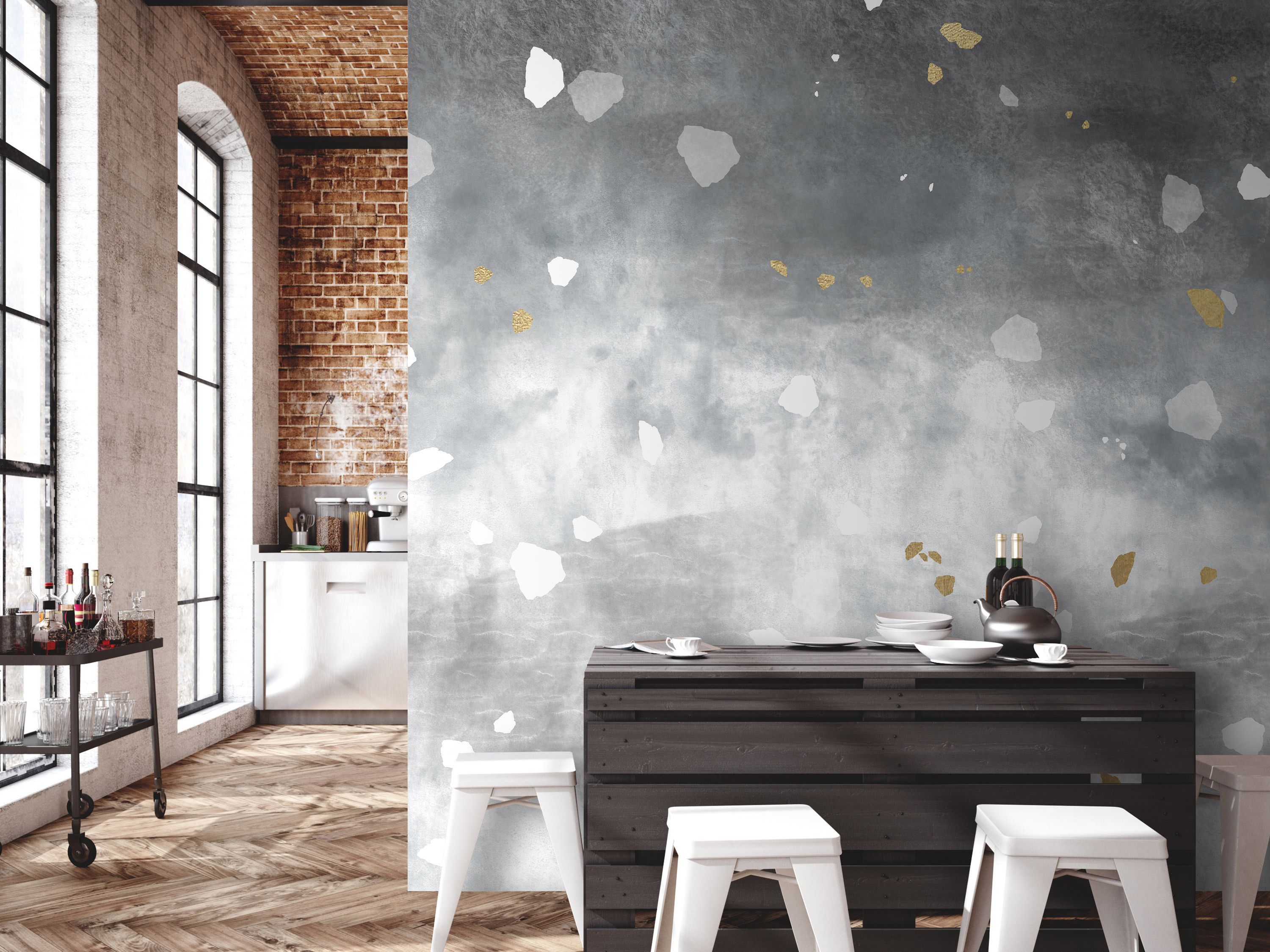 3000x2250 Photo Wallpaper Japandi Gray Wall With White Japanese Style Elements and patterns