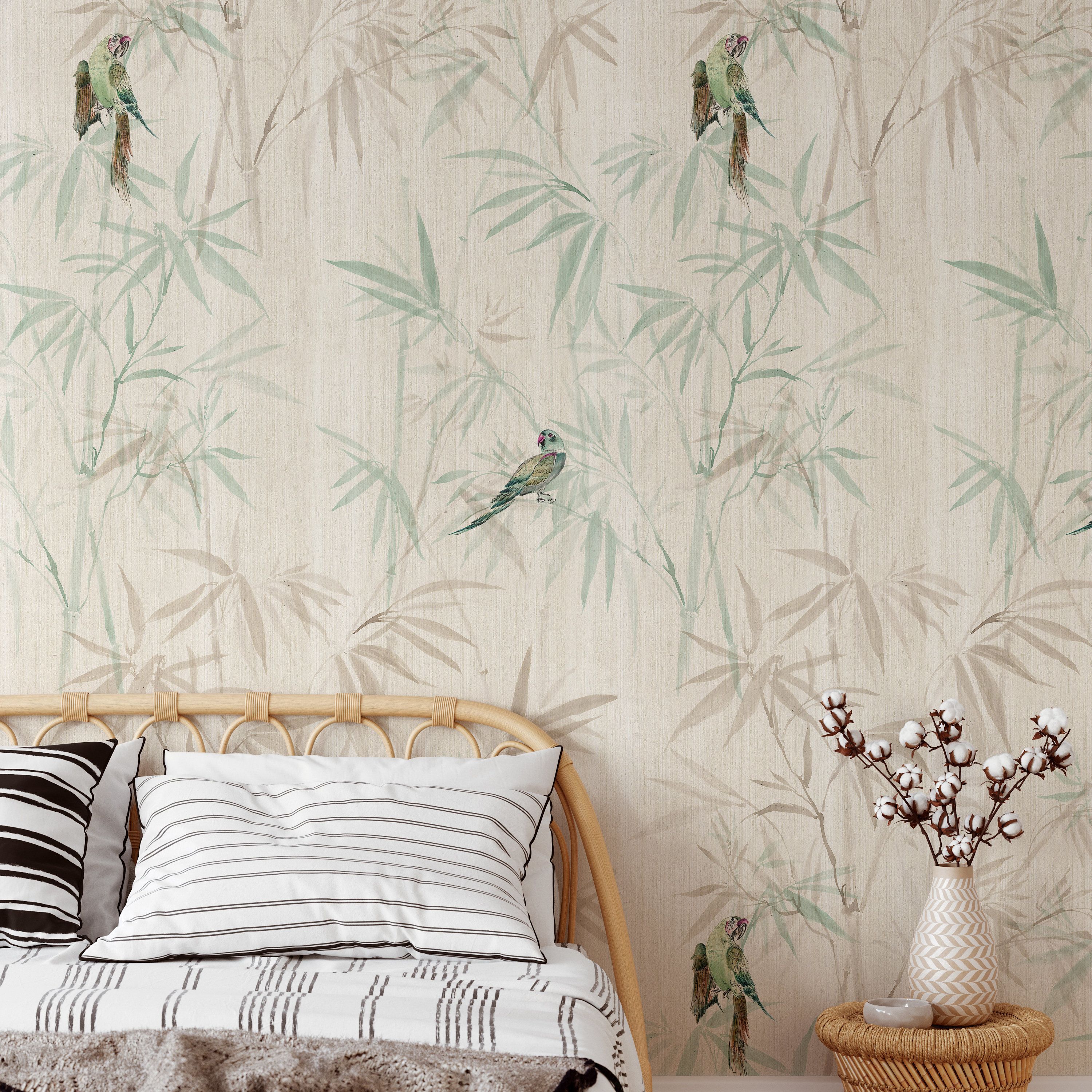 3000x3000 Bamboo Forest Chinoiserie Wallpaper, Asian Decor with Parrots, Japanese wall art, Japandi Oriental Wall Decor