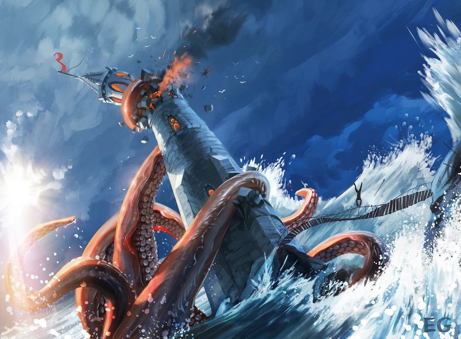 1920x1413 Wallpaper / Fantasy, Lighthouse, water, sport, swimming, motion, real people, Sea Monster, low angle view, underwater, day, nature, swimming pool, Kraken, adult, outdoors free download
