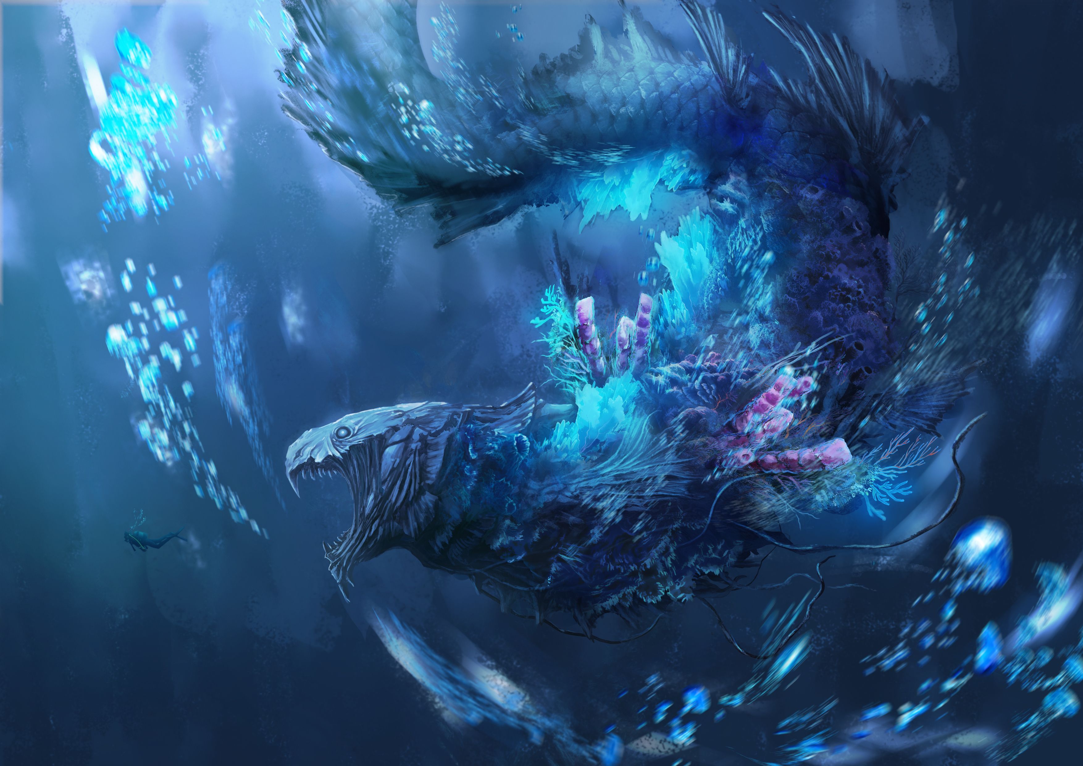 3508x2480 HD desktop wallpaper: Anime, Original, Sea Monster download free picture