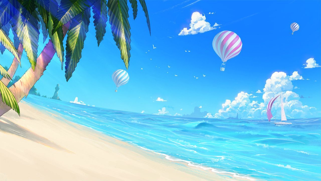 1280x720 The Beach by Gong Hailiang. Beach illustration, Beach drawing, Beach background