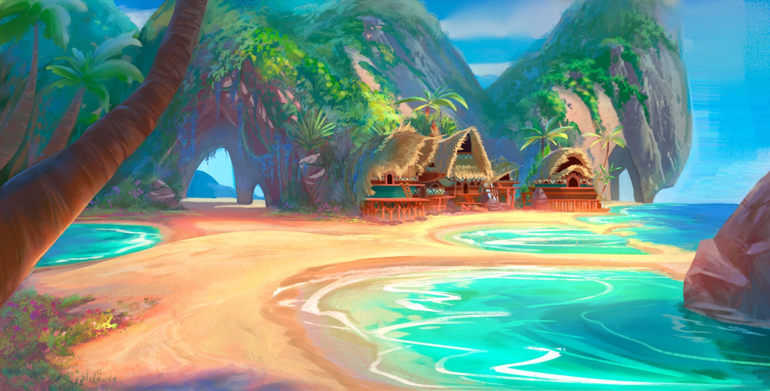 2500x1270 Digital Art Fantasy Art Nature Beach Sea Palm Trees Hut Rock Wallpaper:2500x1270