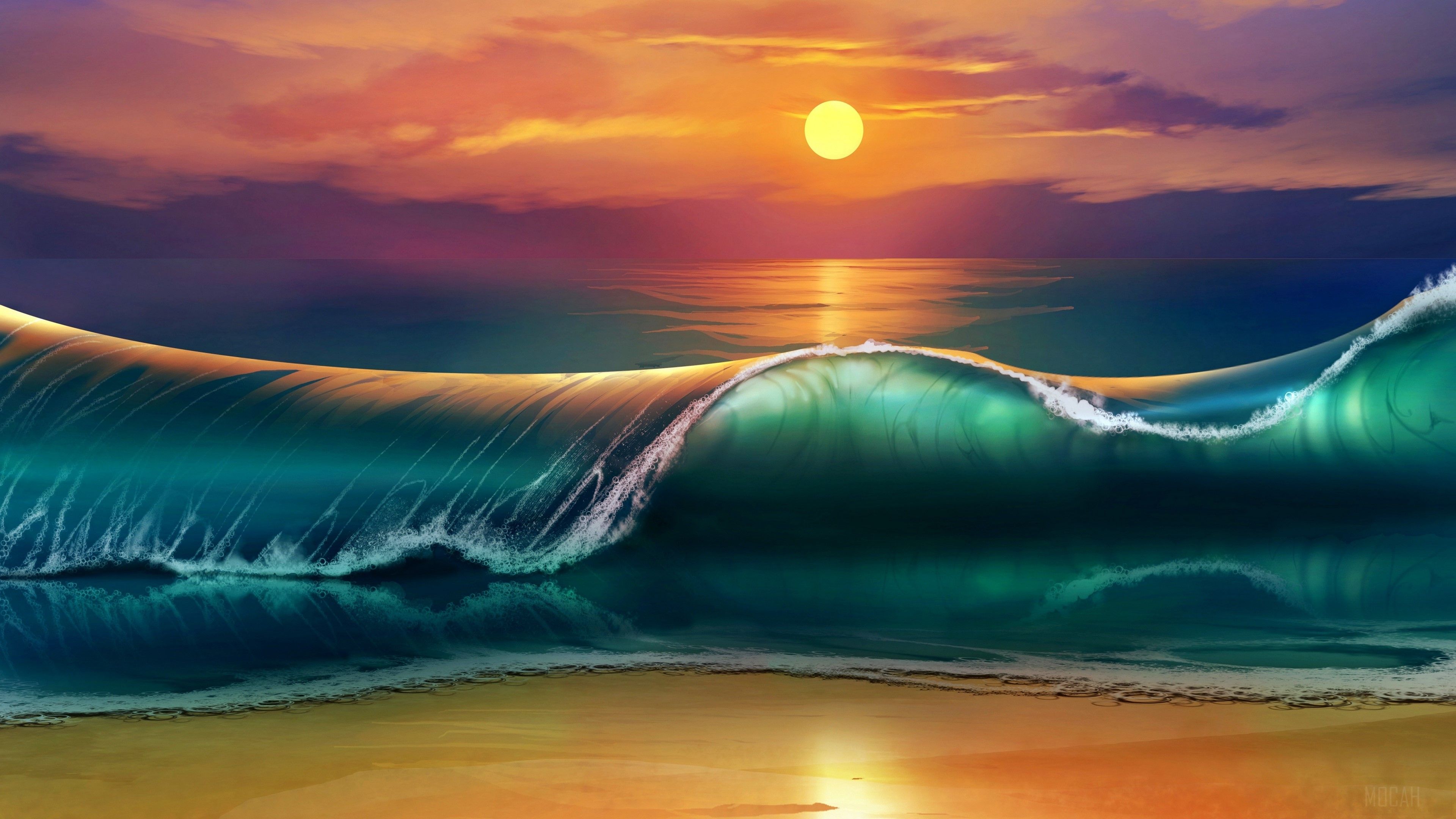 3840x2160 art, sunset, beach, sea, waves 4k Gallery HD Wallpaper