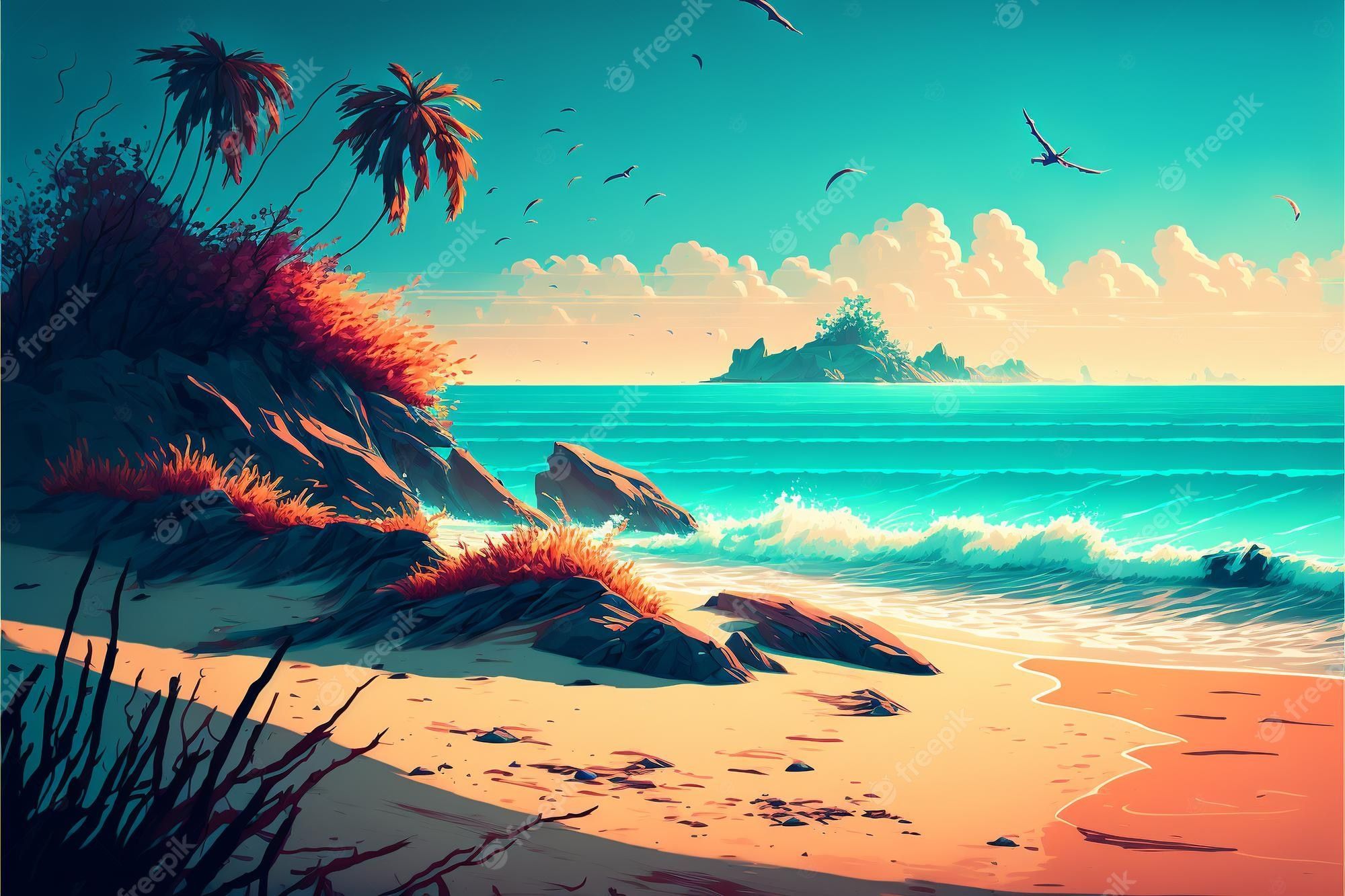 2000x1333 Beach Anime Background Image