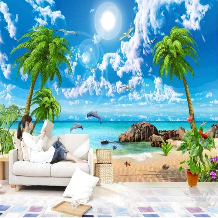 894x894 Clhhsy 3D Art Wallpaper HD Beautiful Fantasy Seascape Coconut Beach TV Background Wall Custom Large Mural Green Wallpaper 450X300Cm : Tools & Home Improvement