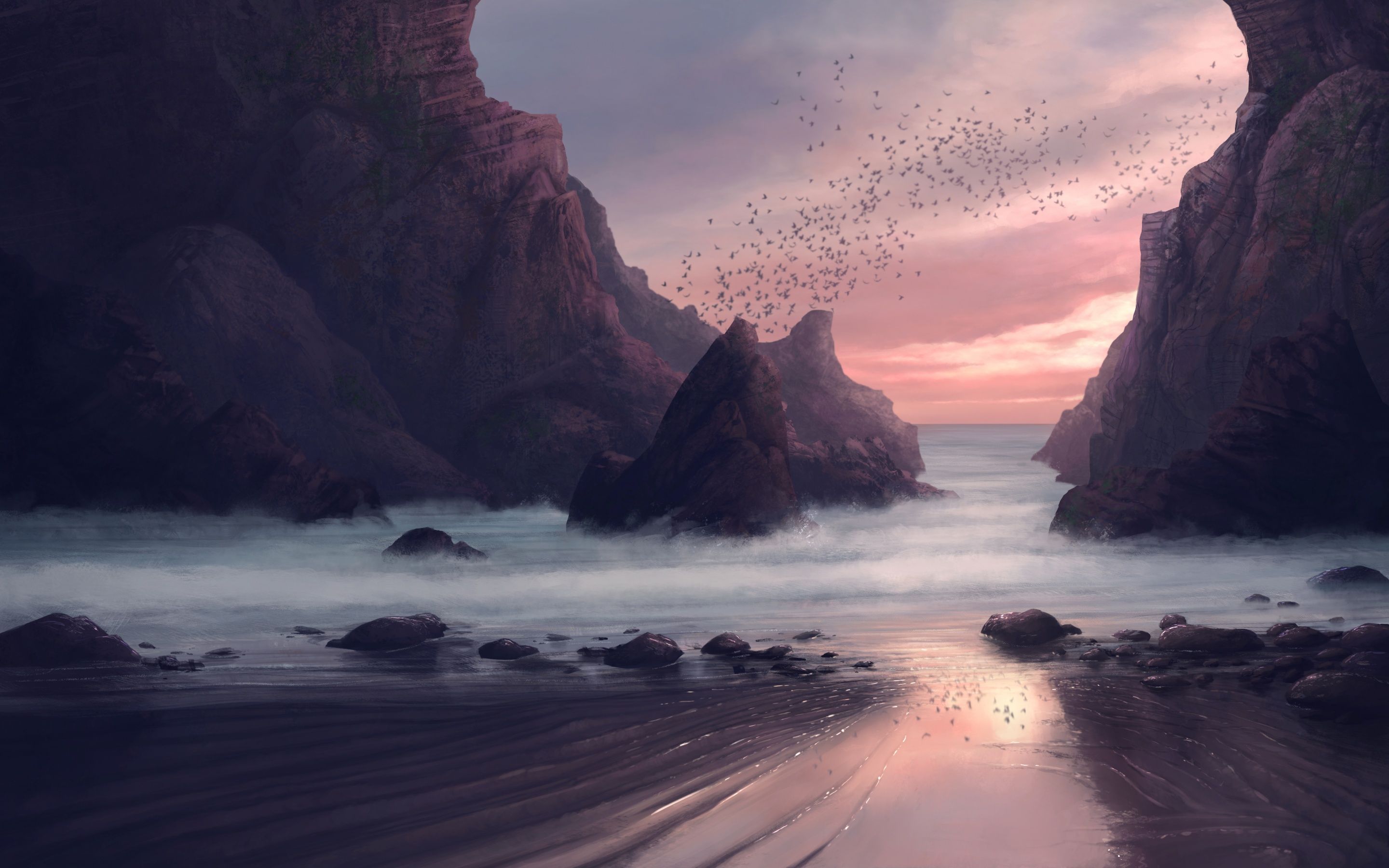 2880x1800 Beach Wallpaper 4K, Digital Art, Rocks, Sunset, Birds