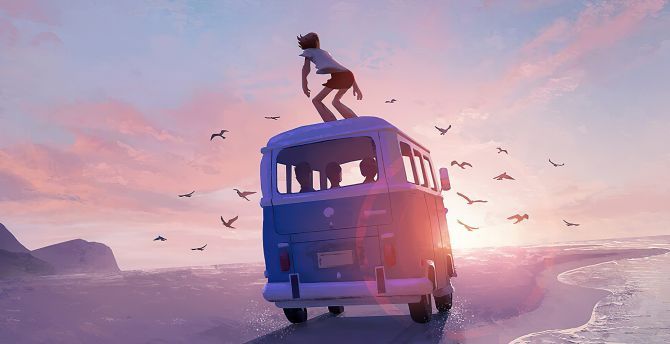 670x344 Wallpaper fun, beach drive, art desktop wallpaper, HD image, picture, background, cb2237
