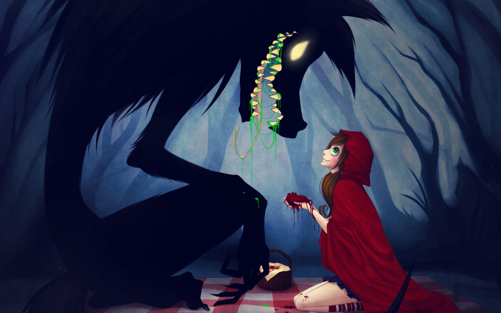 1920x1200 Red Riding Hood Anime Animals Wolves Trees Forest Women Girls Dark