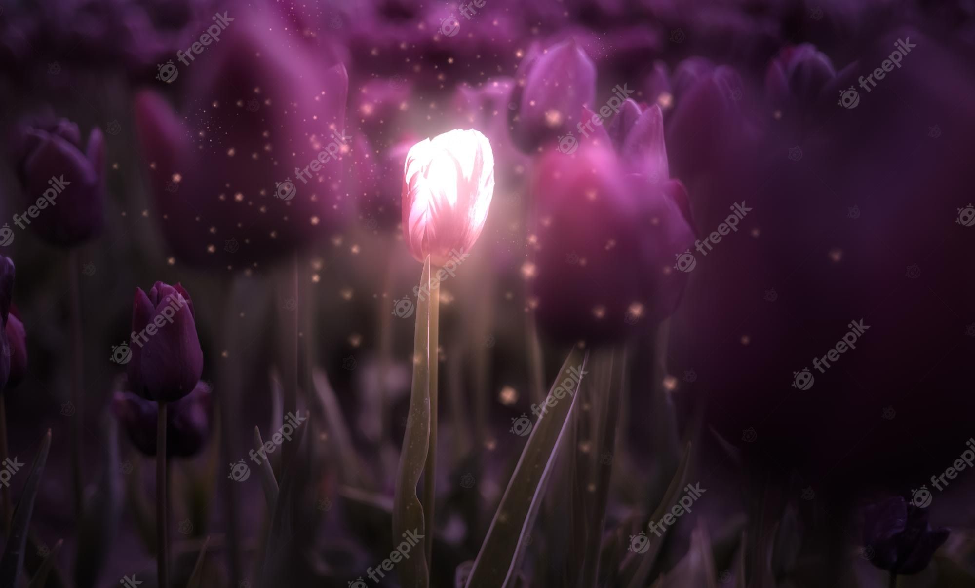 2000x1208 Premium Photo. Tulip flower field close up nature background magic glow art render