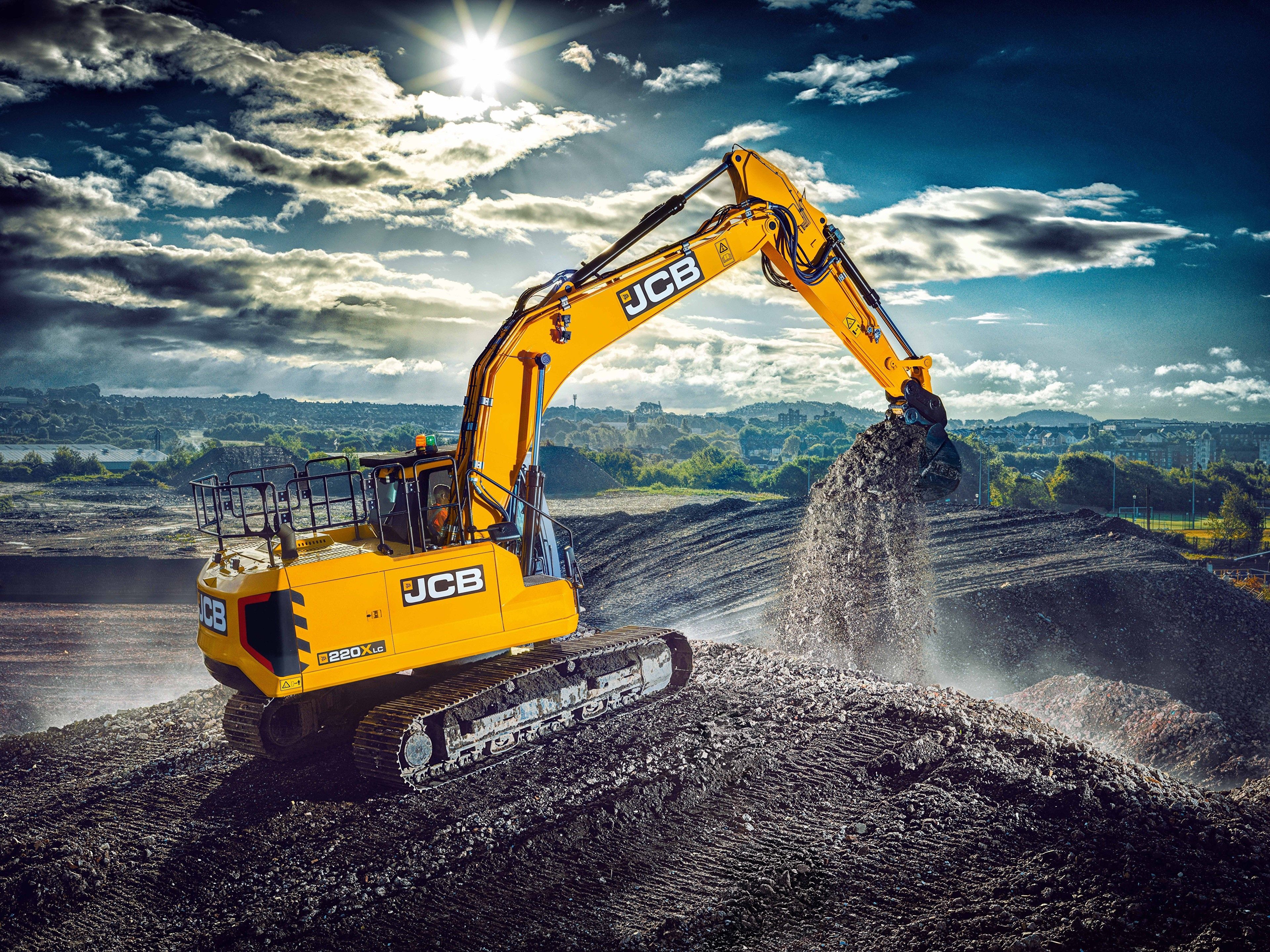 3840x2878 4K, JCB 220X lc, Sky, Clouds, Sun, Excavator, Yellow Gallery HD Wallpaper